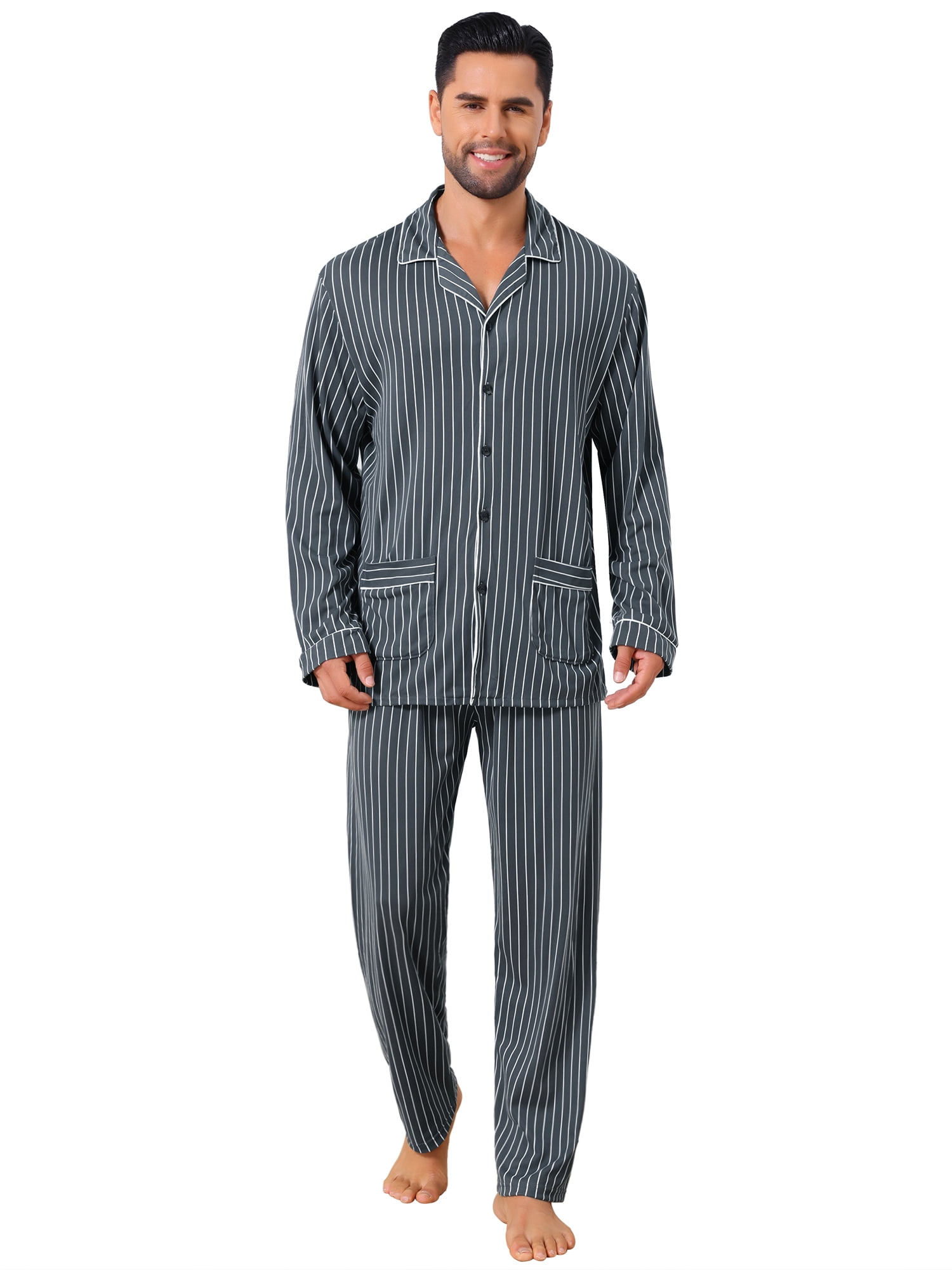 DARING DIVA Men's 2-Piece Long Sleeve Button Down Pocket Pajamas Set L Black White