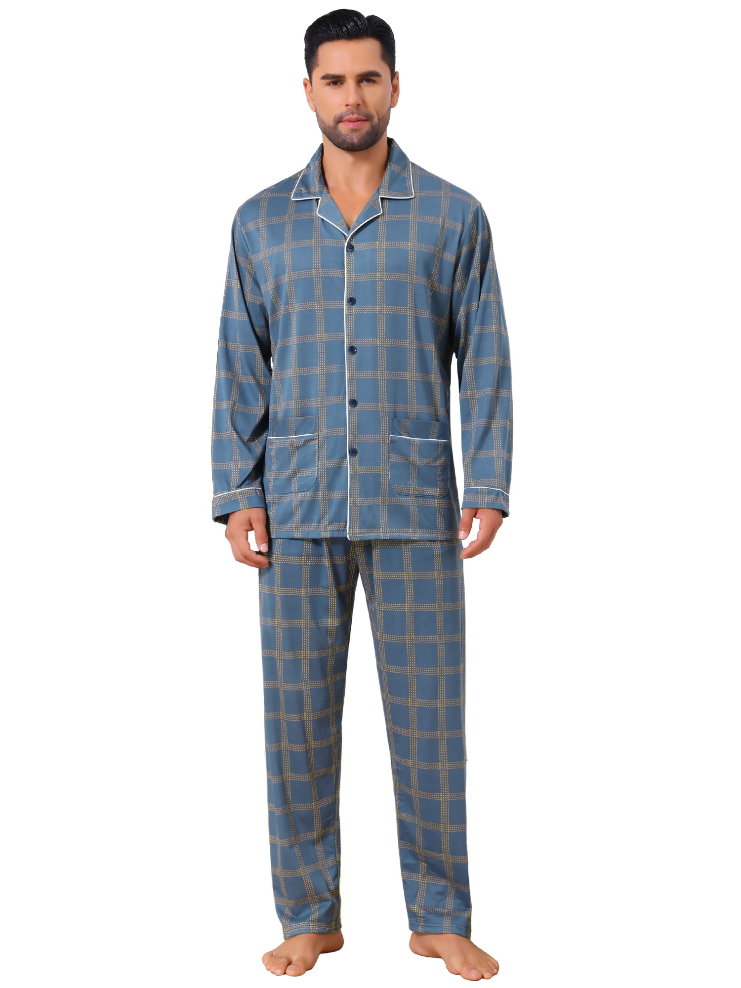DARING DIVA Men's 2-Piece Long Sleeve Button Down Pocket Pajamas Set L Blue Yellow