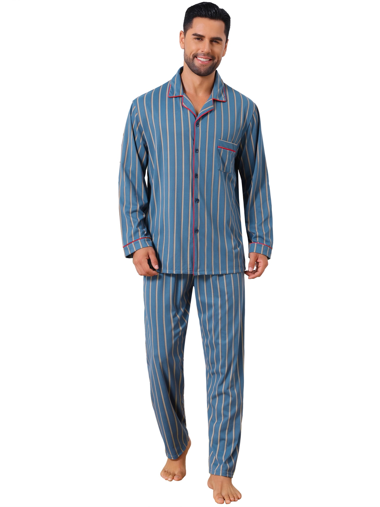 DARING DIVA Men's 2-Piece Long Sleeve Button Down Pocket Pajamas Set M Blue Khaki
