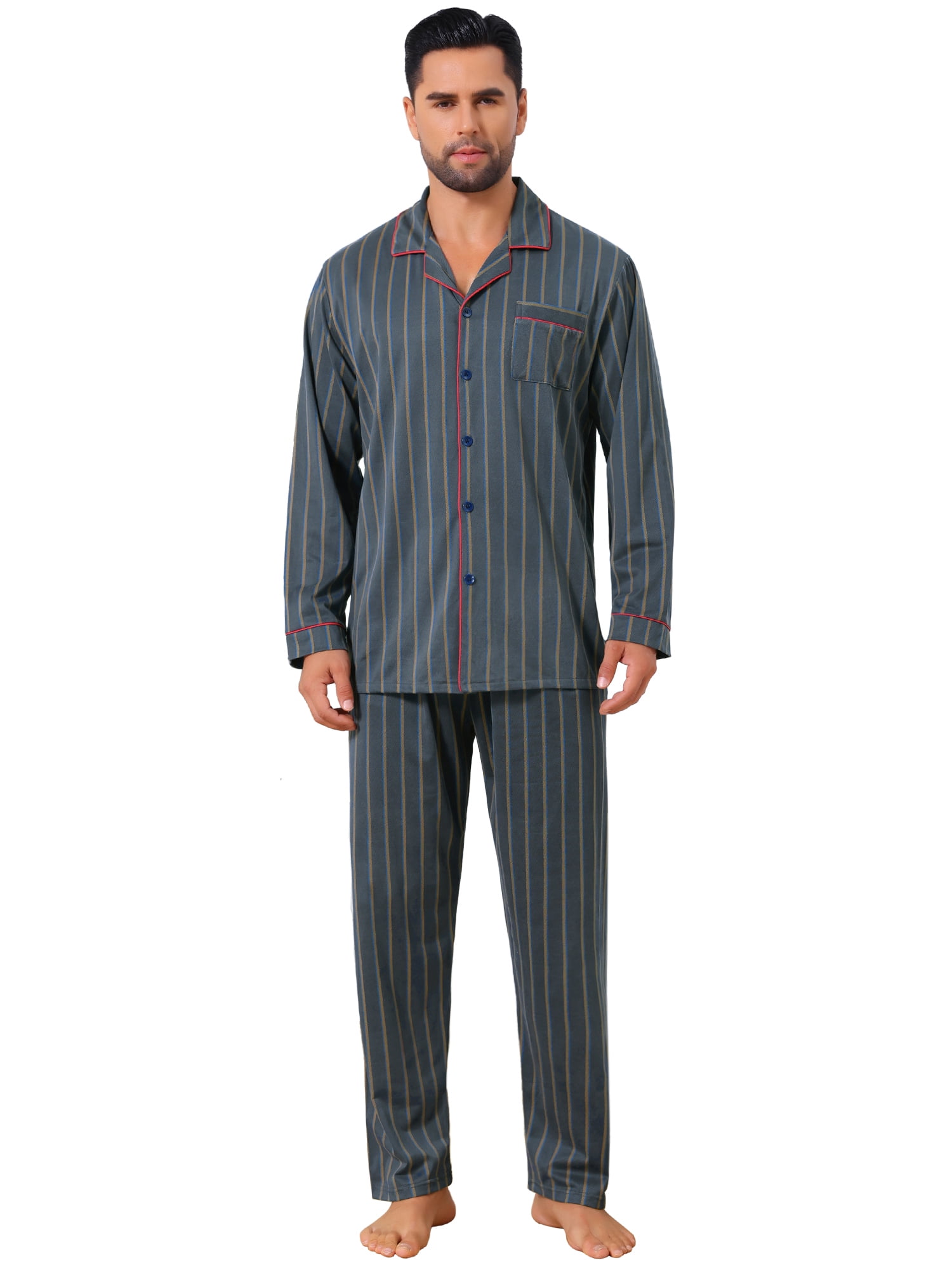 DARING DIVA Men's 2-Piece Long Sleeve Button Down Pocket Pajamas Set S Dark Blue