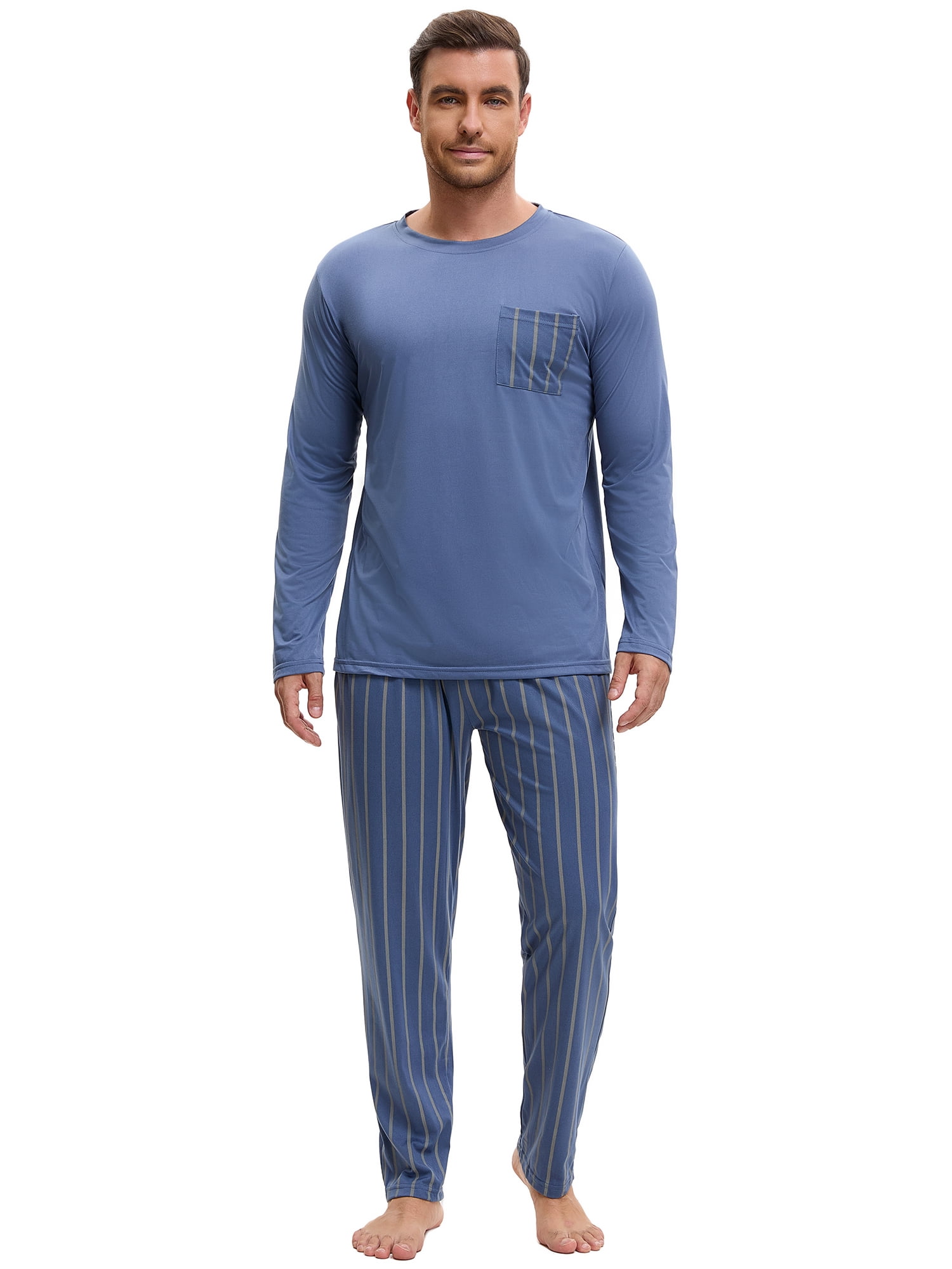 DARING DIVA Men's 2-Piece Long Sleeve Crew Neck Casual Stripes Pajamas Set L Blue Gray
