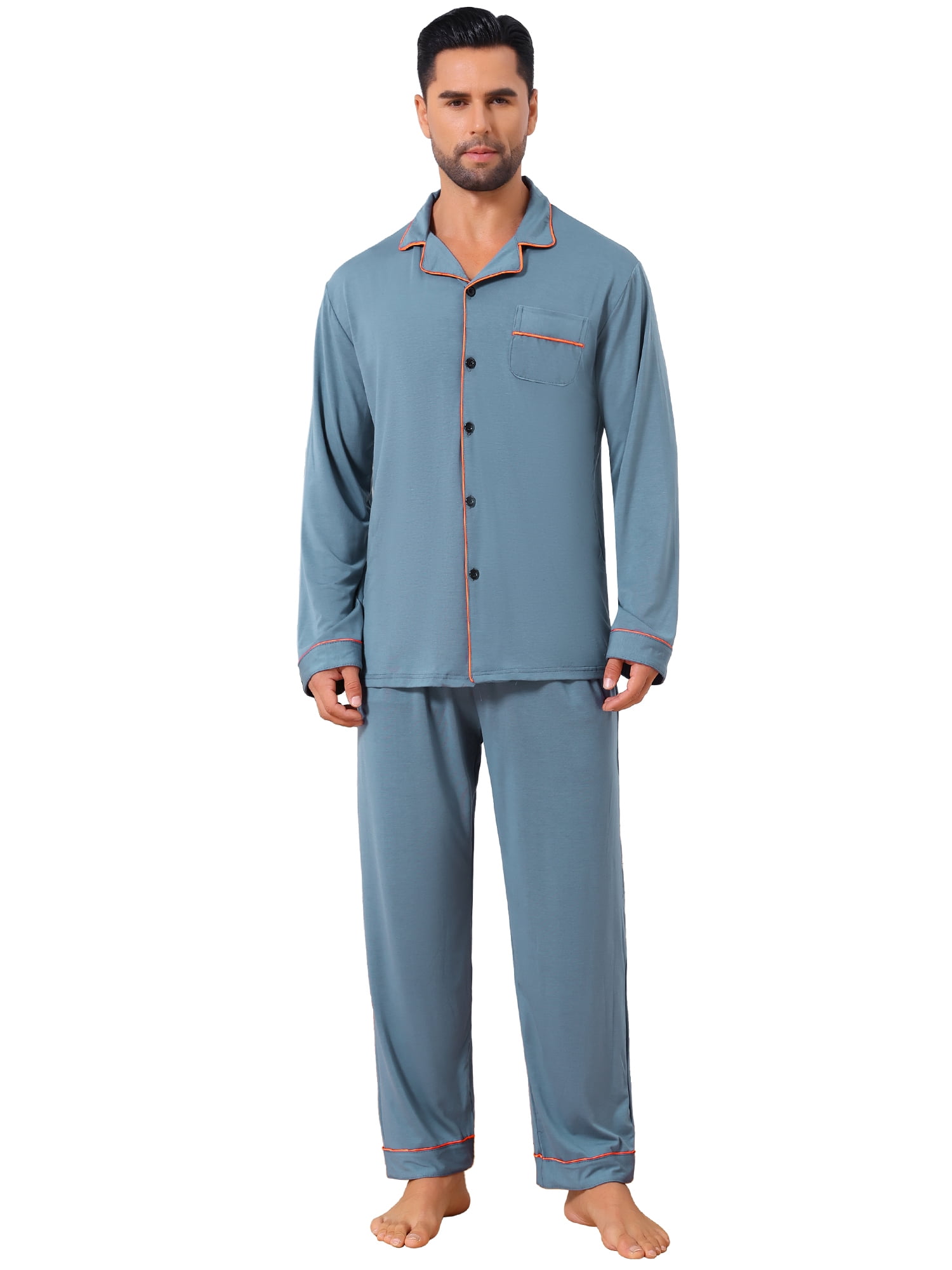 DARING DIVA Men's 2-Piece Long Sleeve Solid Color Button Down Pajamas Set S Gray Blue