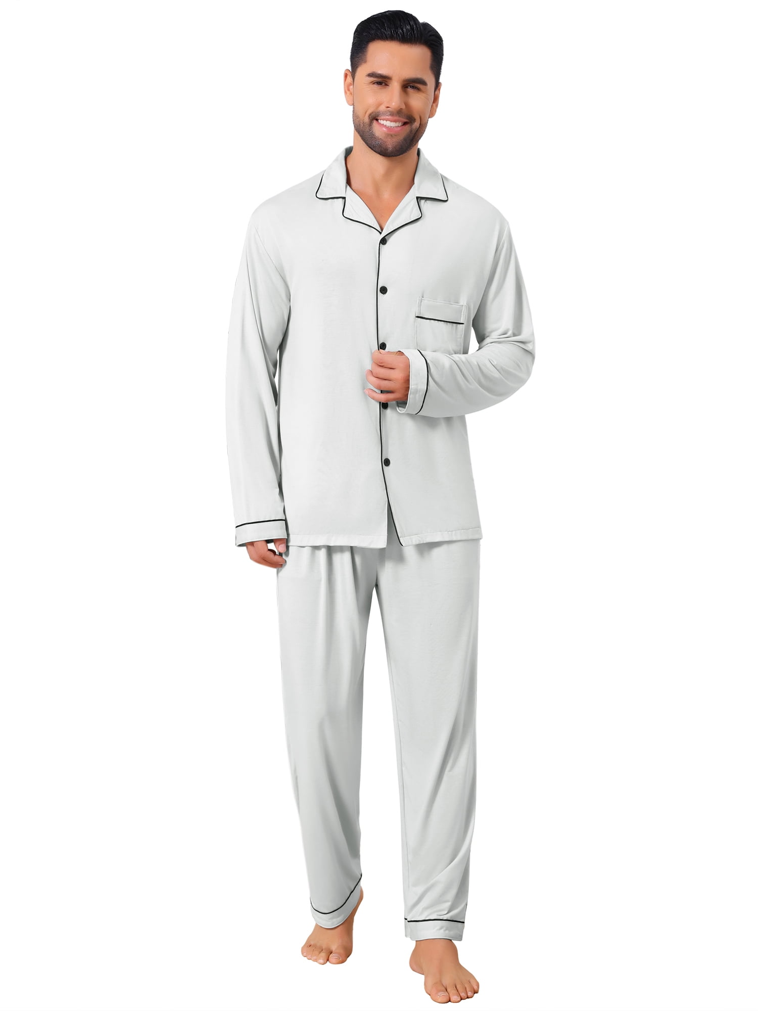 DARING DIVA Men's 2-Piece Long Sleeve Solid Color Button Down Pajamas Set S White Gray