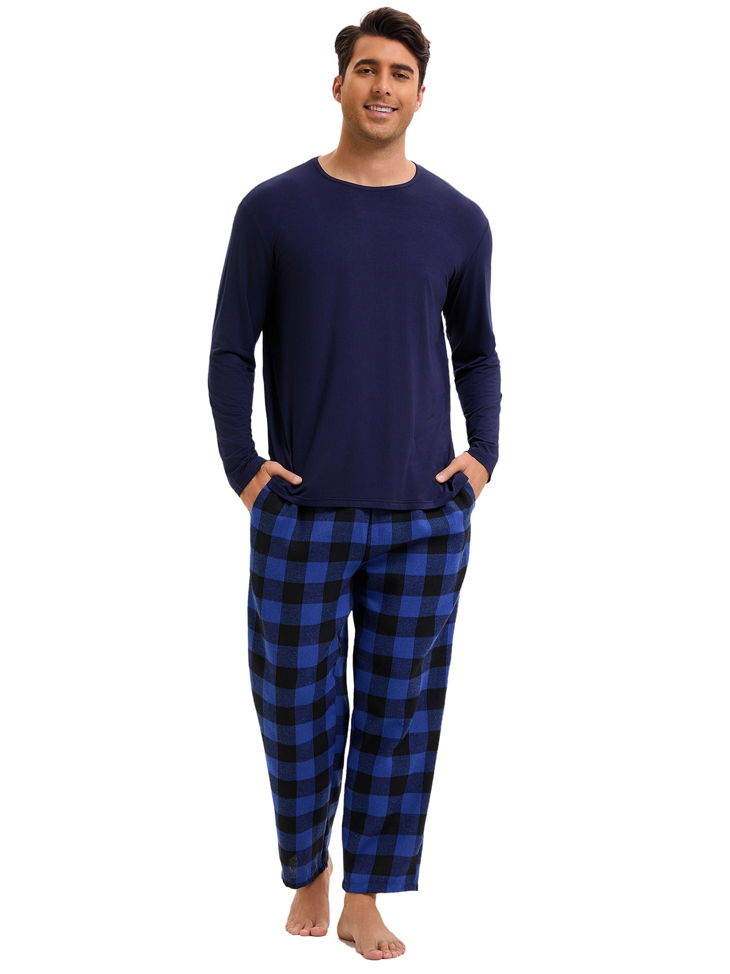DARING DIVA Men's 2-Piece Long Sleeve Solid Nightwear Plaid Pants Set 2XL Dark Blue
