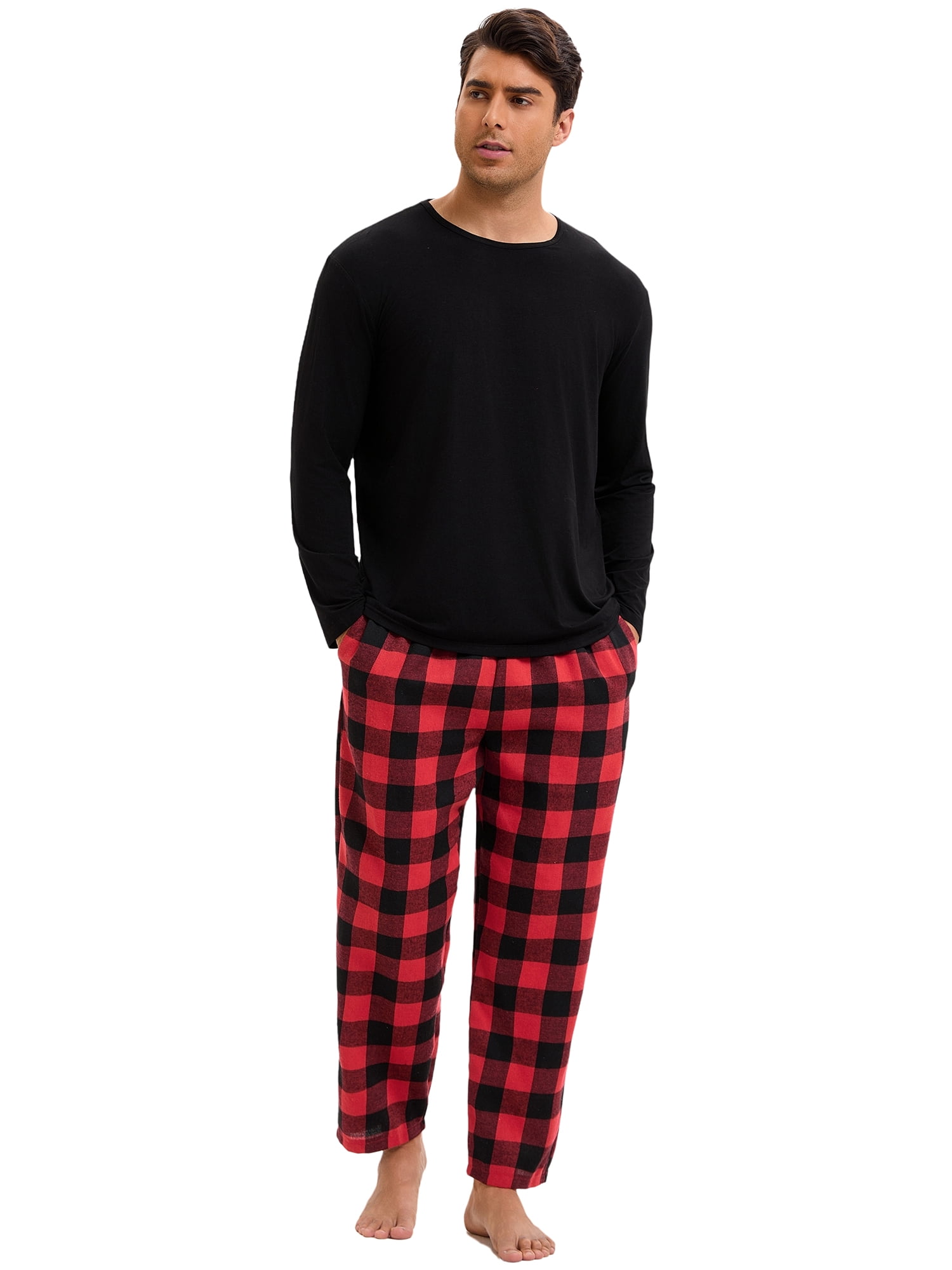 DARING DIVA Men's 2-Piece Long Sleeve Solid Nightwear Plaid Pants Set XL Black Red