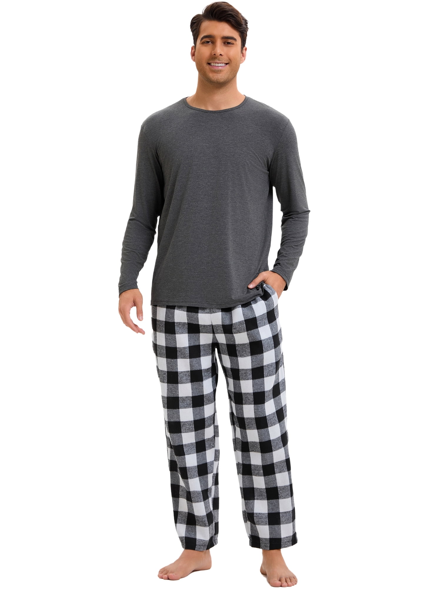 DARING DIVA Men's 2-Piece Long Sleeve Solid Nightwear Plaid Pants Set XL Black White