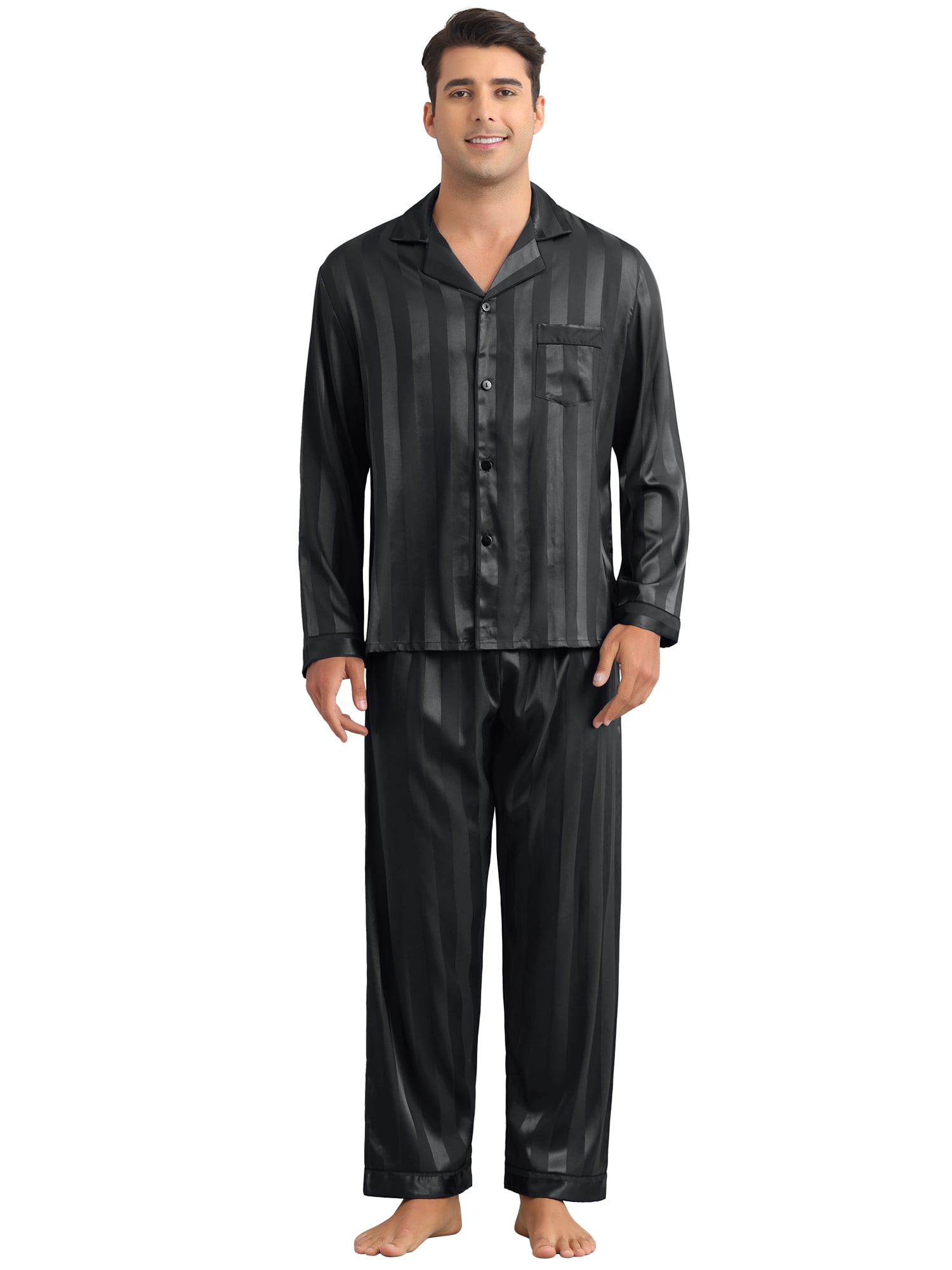 DARING DIVA Men's 2-Piece Long Sleeve Top And Pants Striped Pajama Set L Black