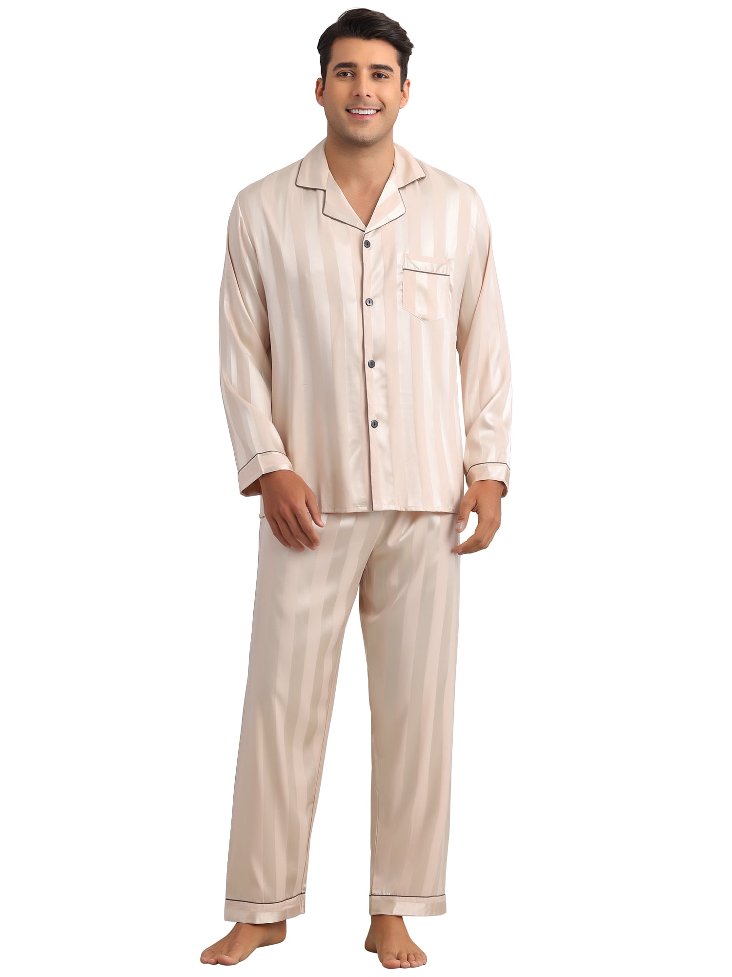 DARING DIVA Men's 2-Piece Long Sleeve Top And Pants Striped Pajama Set L Champagne