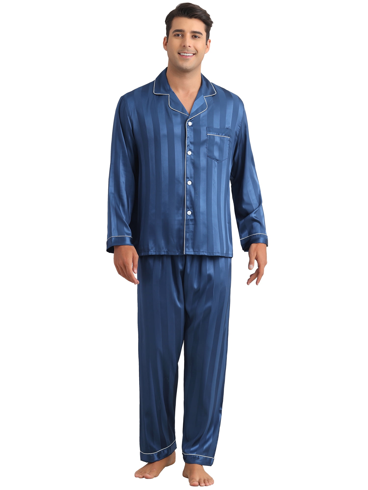 DARING DIVA Men's 2-Piece Long Sleeve Top And Pants Striped Pajama Set M Navy