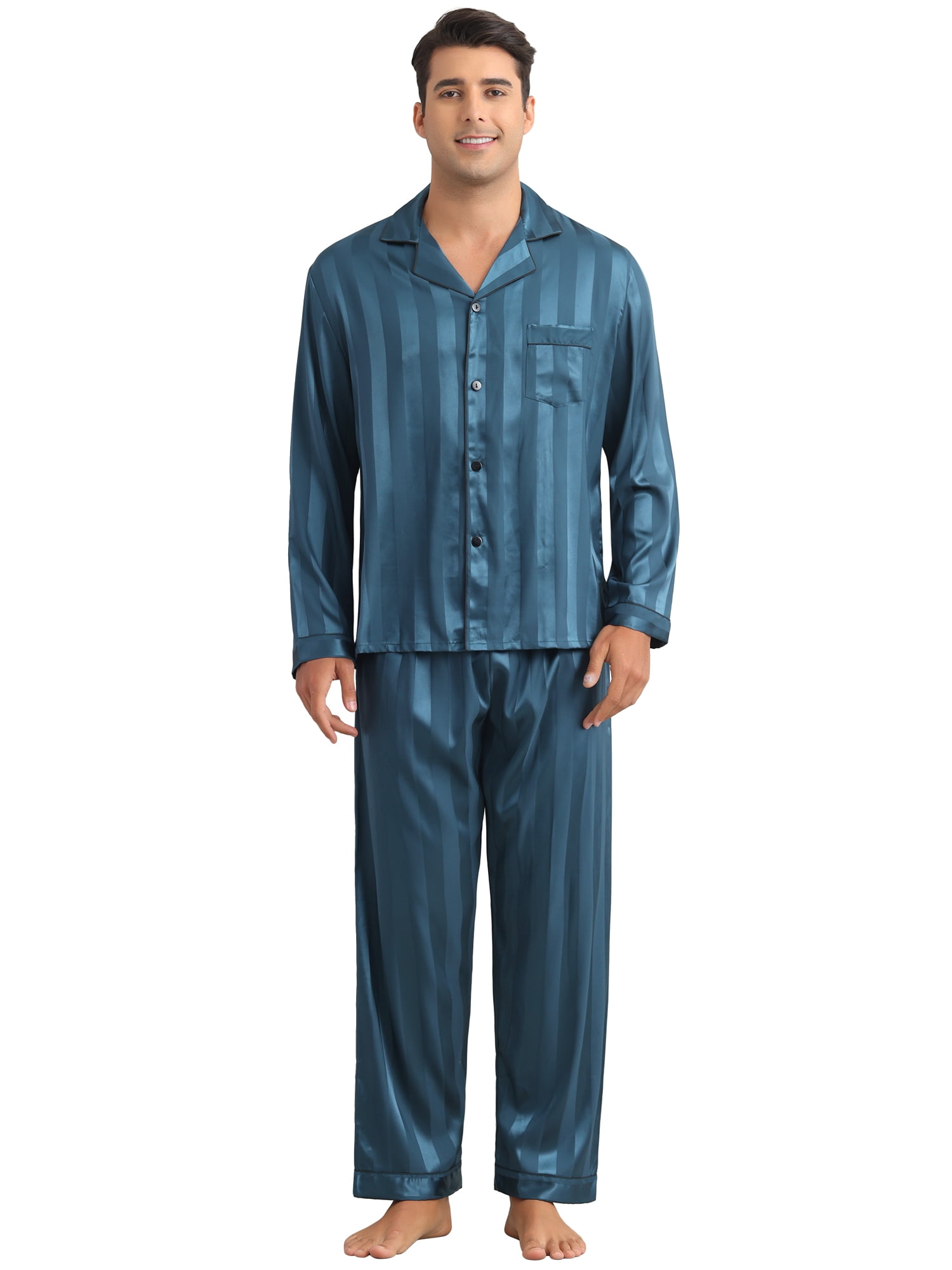 DARING DIVA Men's 2-Piece Long Sleeve Top And Pants Striped Pajama Set S Dark Blue