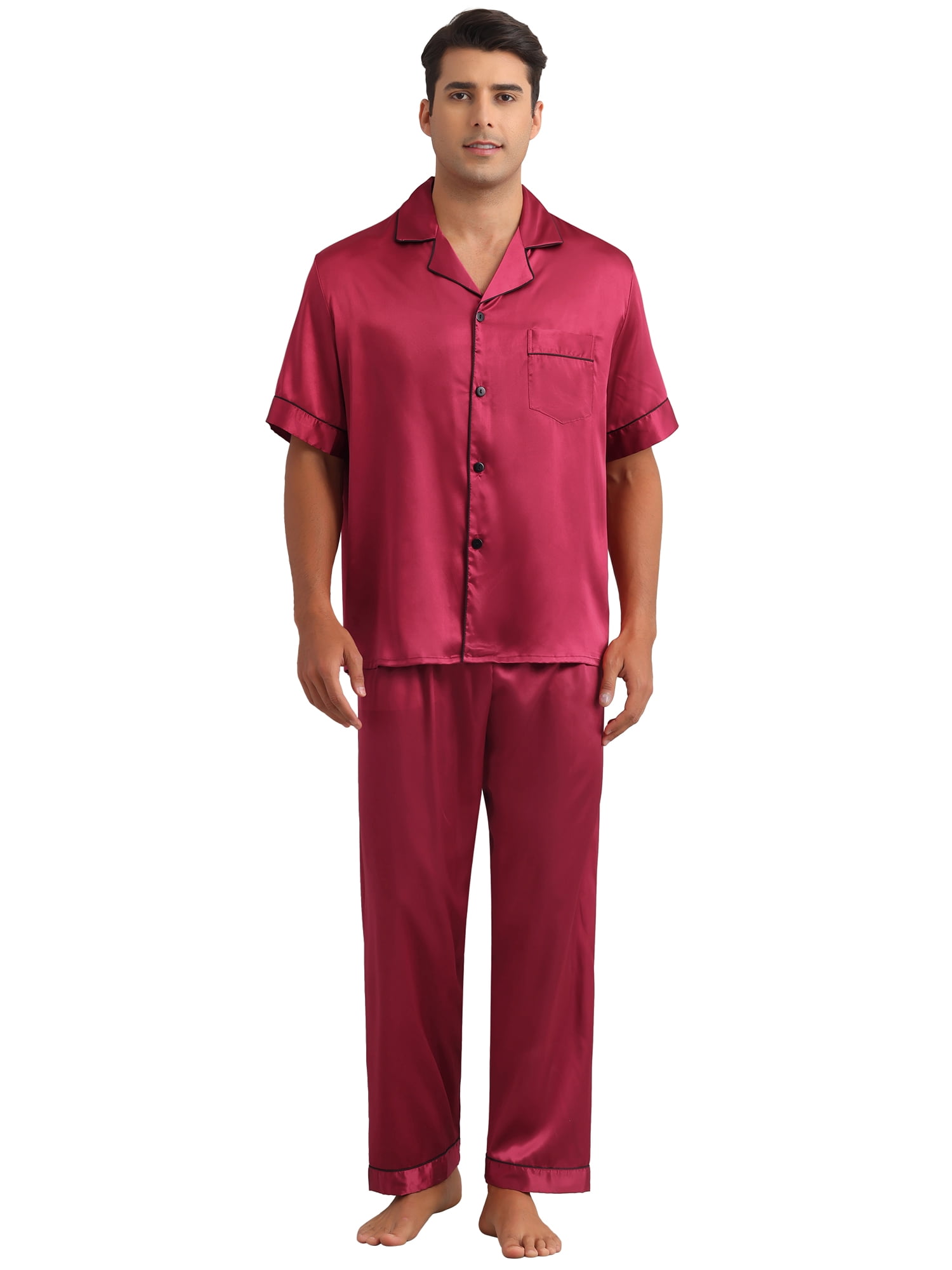 DARING DIVA Men's 2-Piece Pajama Set Button Down Short Sleeve Shirt Pants 2XL Burgundy