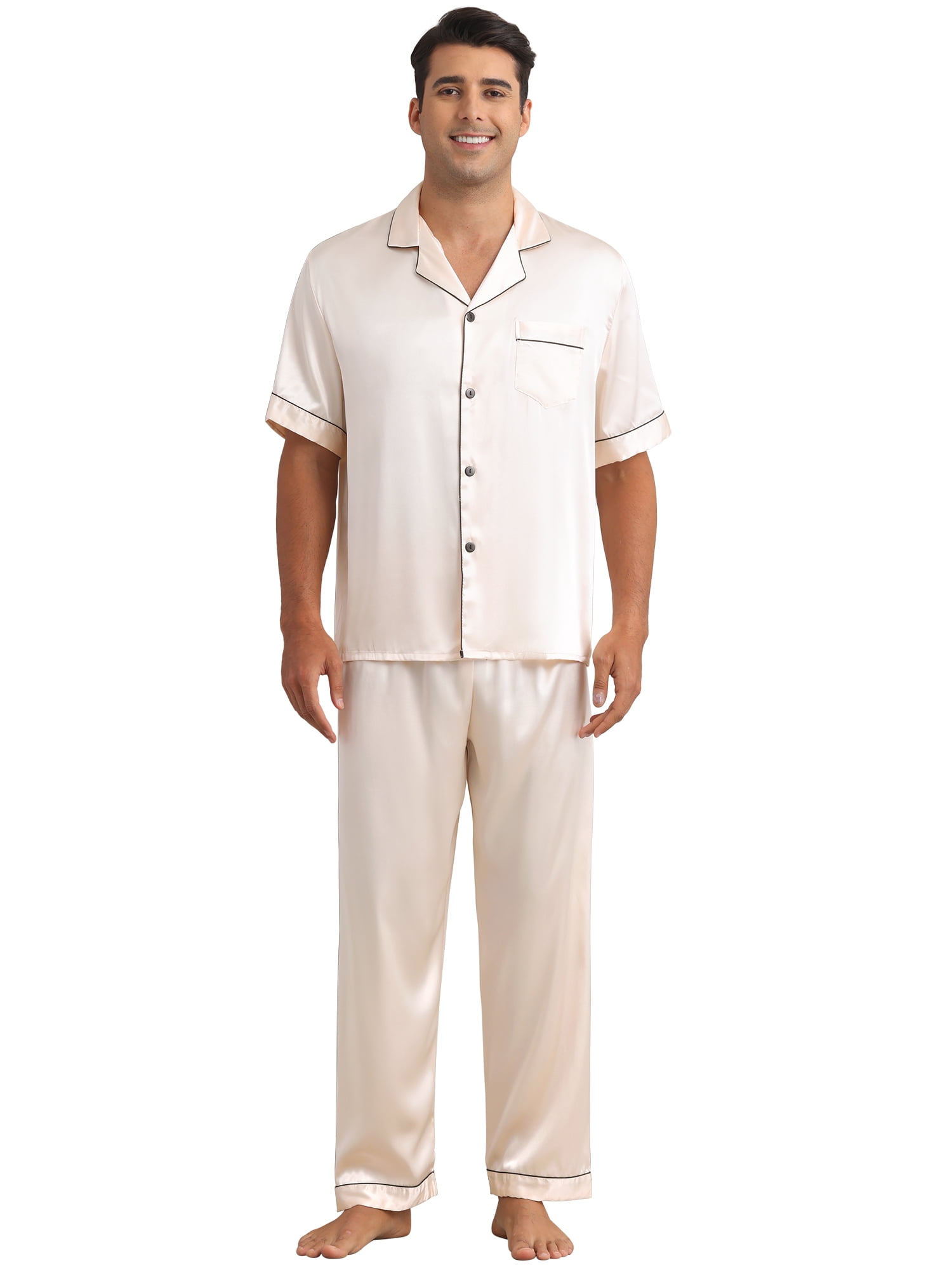 DARING DIVA Men's 2-Piece Pajama Set Button Down Short Sleeve Shirt Pants L Champagne