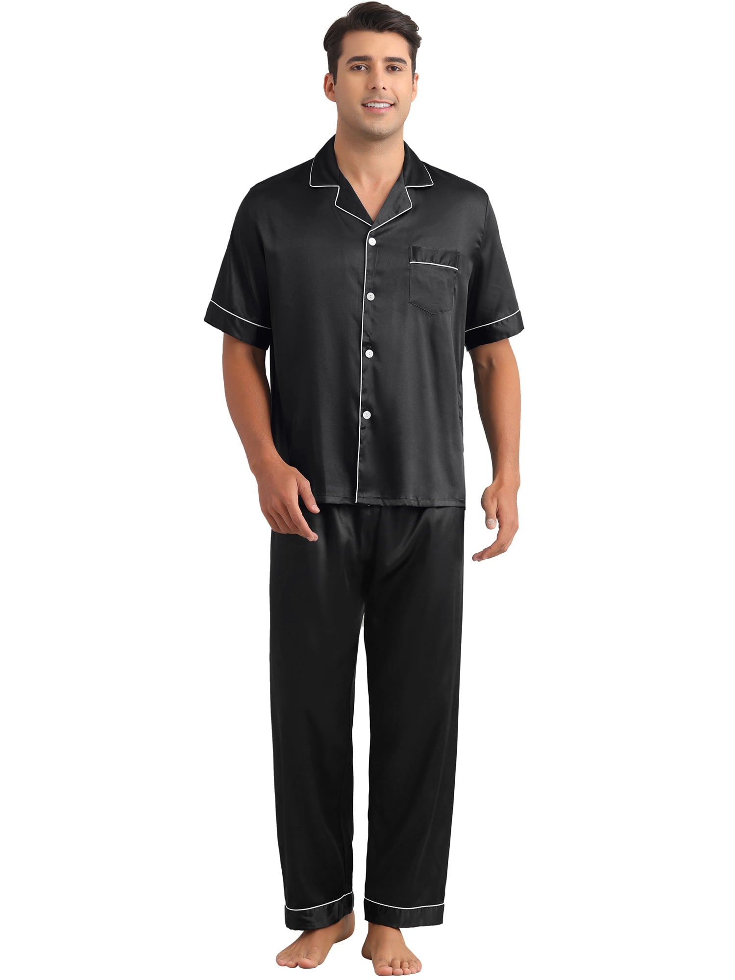 DARING DIVA Men's 2-Piece Pajama Set Button Down Short Sleeve Shirt Pants S Black