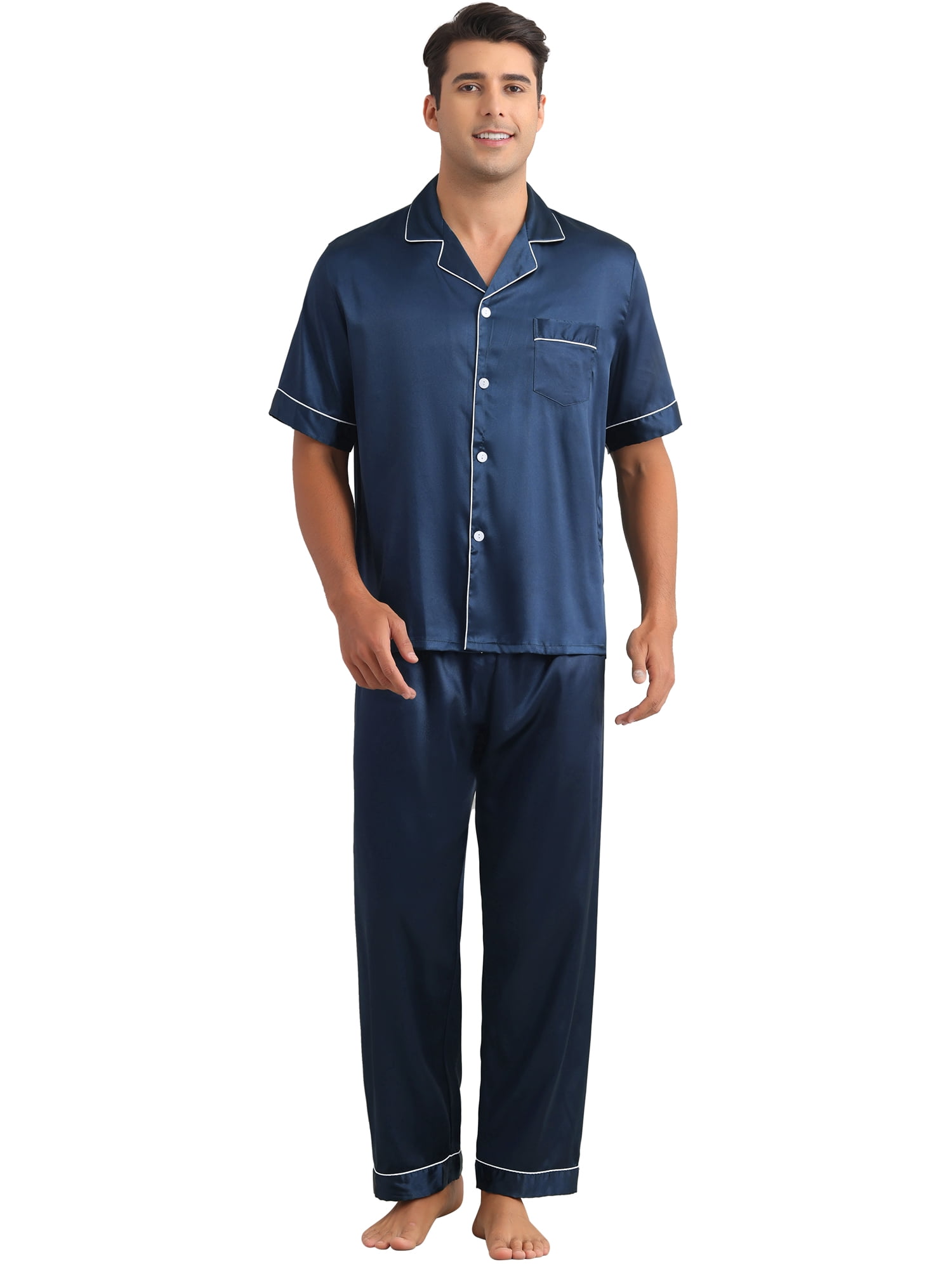 DARING DIVA Men's 2-Piece Pajama Set Button Down Short Sleeve Shirt Pants S Navy Blue