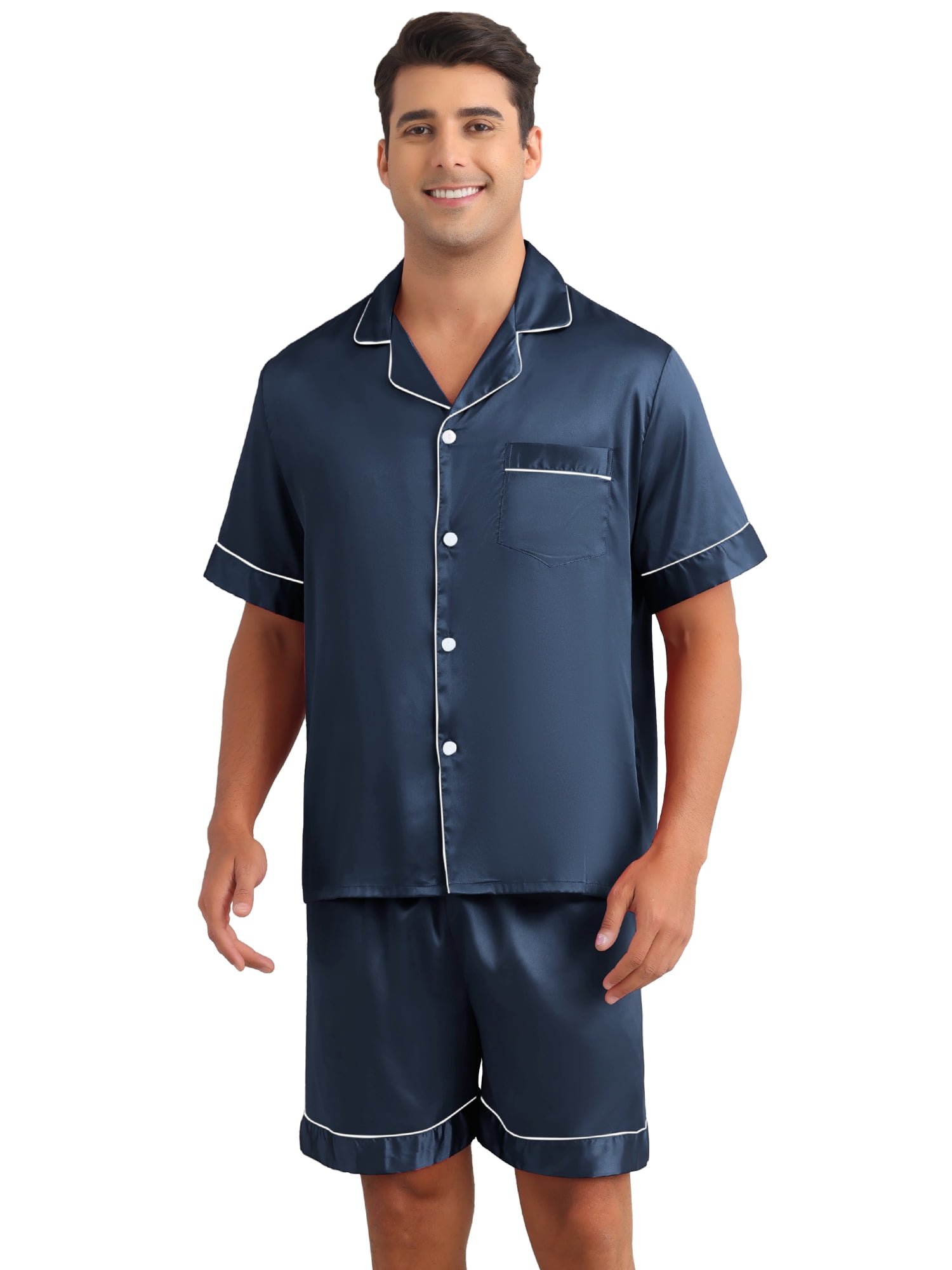 DARING DIVA Men's 2-Piece Satin Short Sleeve Nightwear Shorts Pajamas Set L Dark Blue