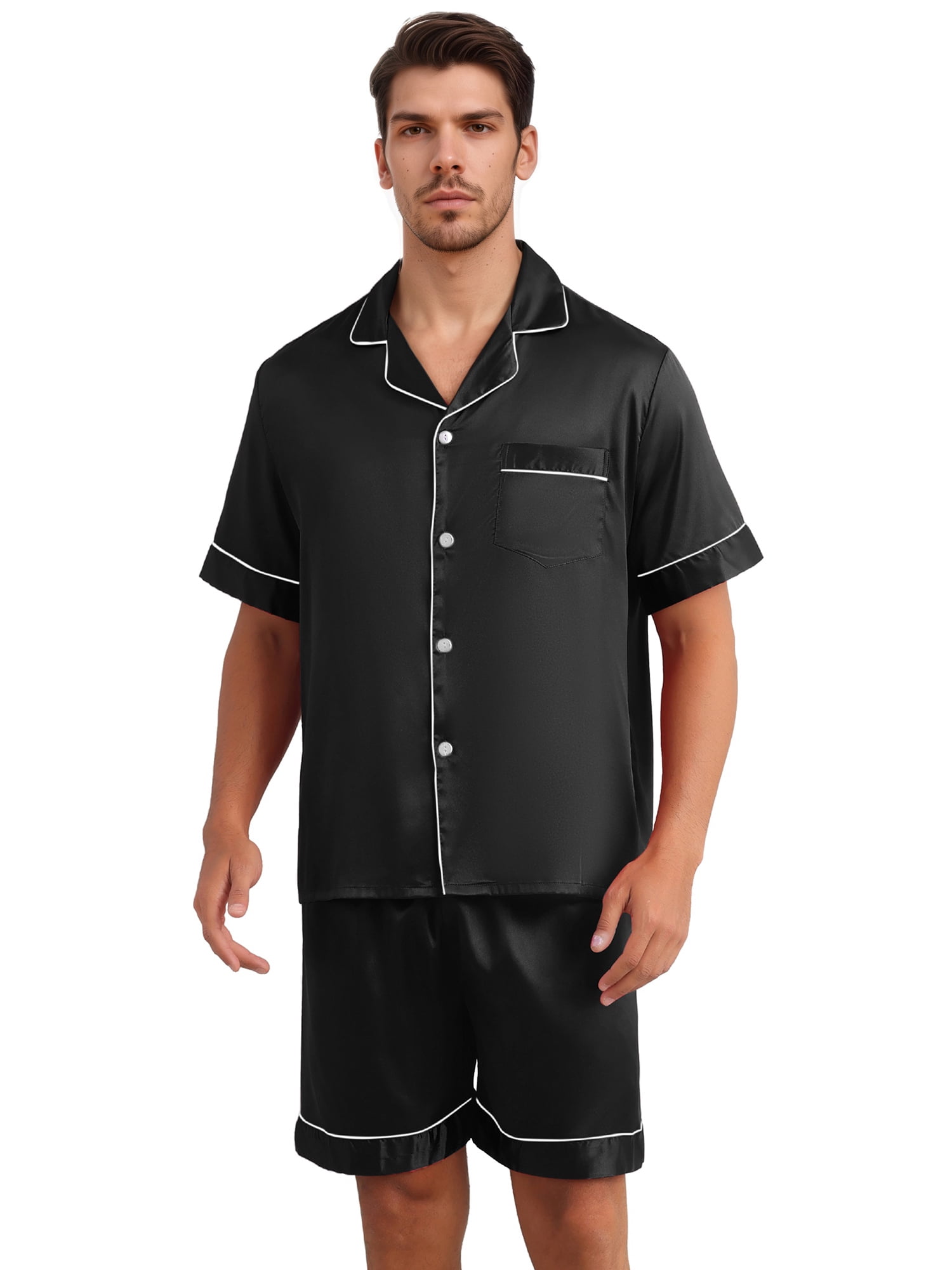 DARING DIVA Men's 2-Piece Satin Short Sleeve Nightwear Shorts Pajamas Set M Black