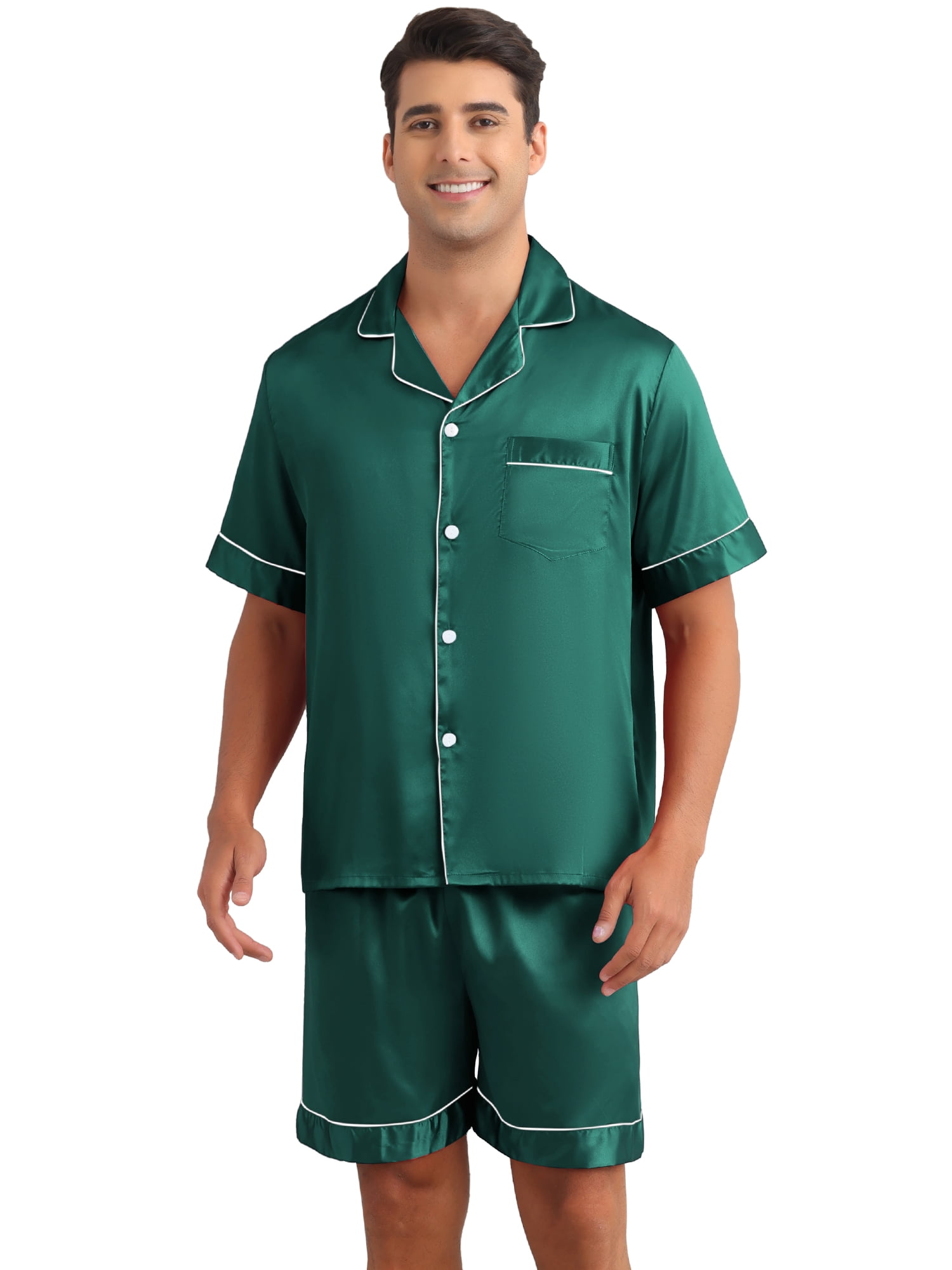 DARING DIVA Men's 2-Piece Satin Short Sleeve Nightwear Shorts Pajamas Set M Green