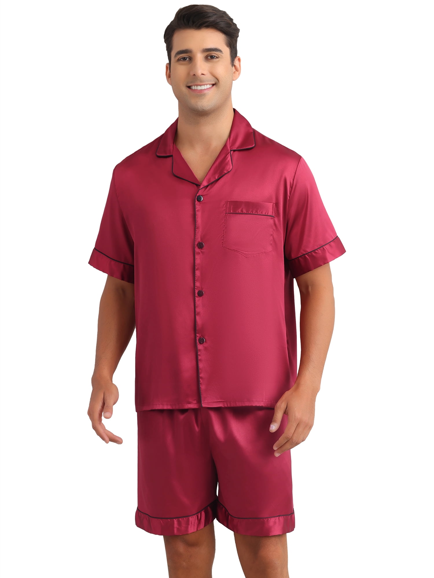 DARING DIVA Men's 2-Piece Satin Short Sleeve Nightwear Shorts Pajamas Set XL Red