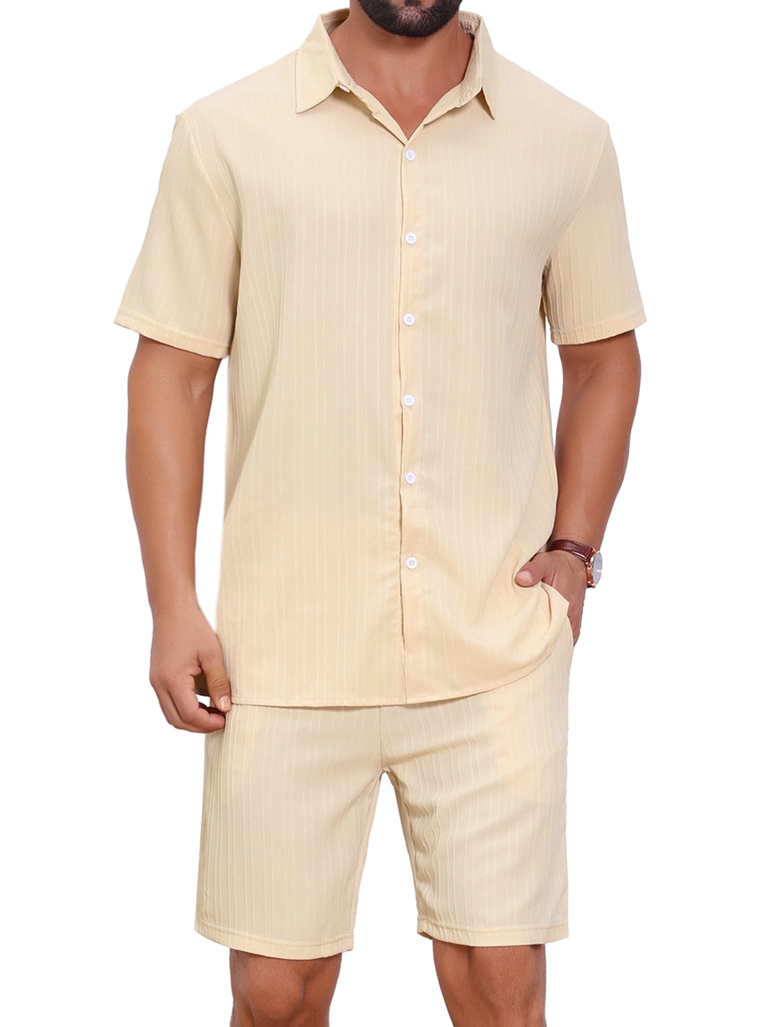 DARING DIVA Men's 2 Pieces Beach Shirt & Shorts Striped Textured Outfits 2XL Beige