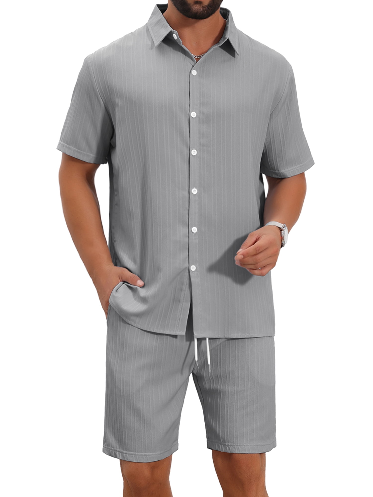 DARING DIVA Men's 2 Pieces Beach Shirt & Shorts Striped Textured Outfits 3XL Gray
