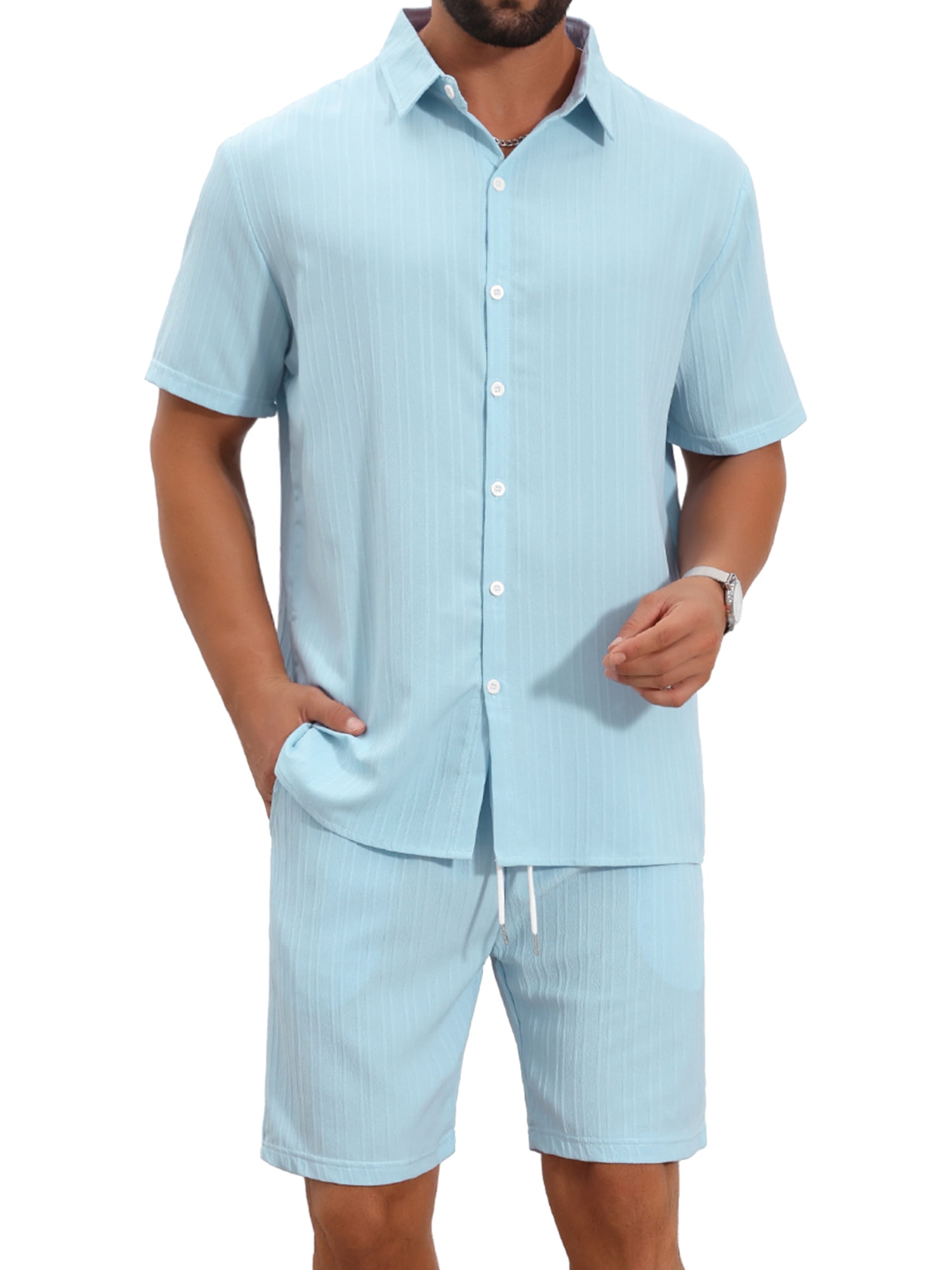 DARING DIVA Men's 2 Pieces Beach Shirt & Shorts Striped Textured Outfits M Light Blue