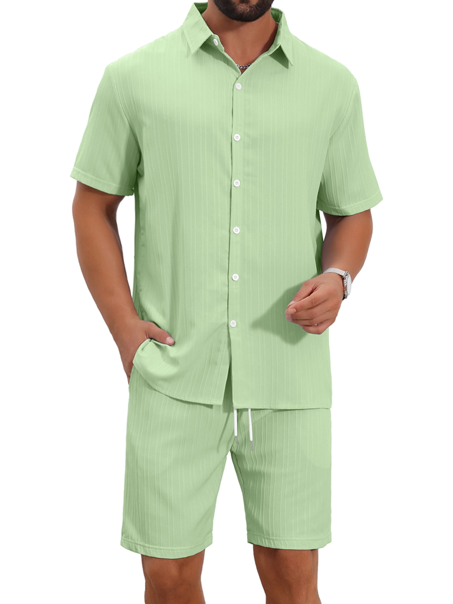 DARING DIVA Men's 2 Pieces Beach Shirt & Shorts Striped Textured Outfits S Light Green