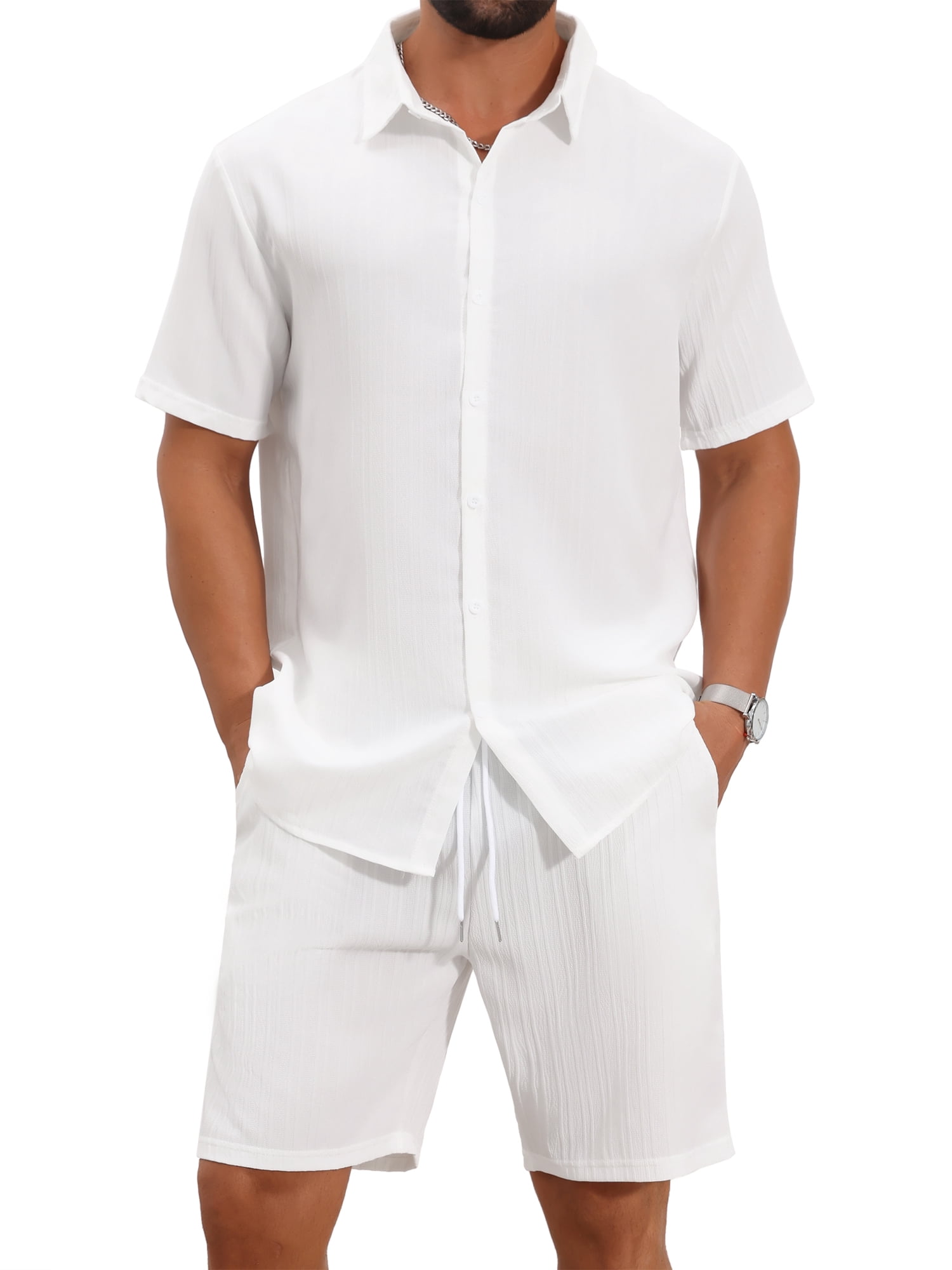 DARING DIVA Men's 2 Pieces Beach Shirt & Shorts Striped Textured Outfits XL White