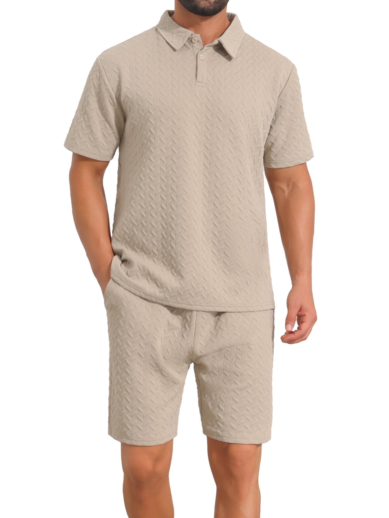 DARING DIVA Men's 2 Pieces Jacquard Polo Shirt & Drawstring Shorts Outfits L Beige