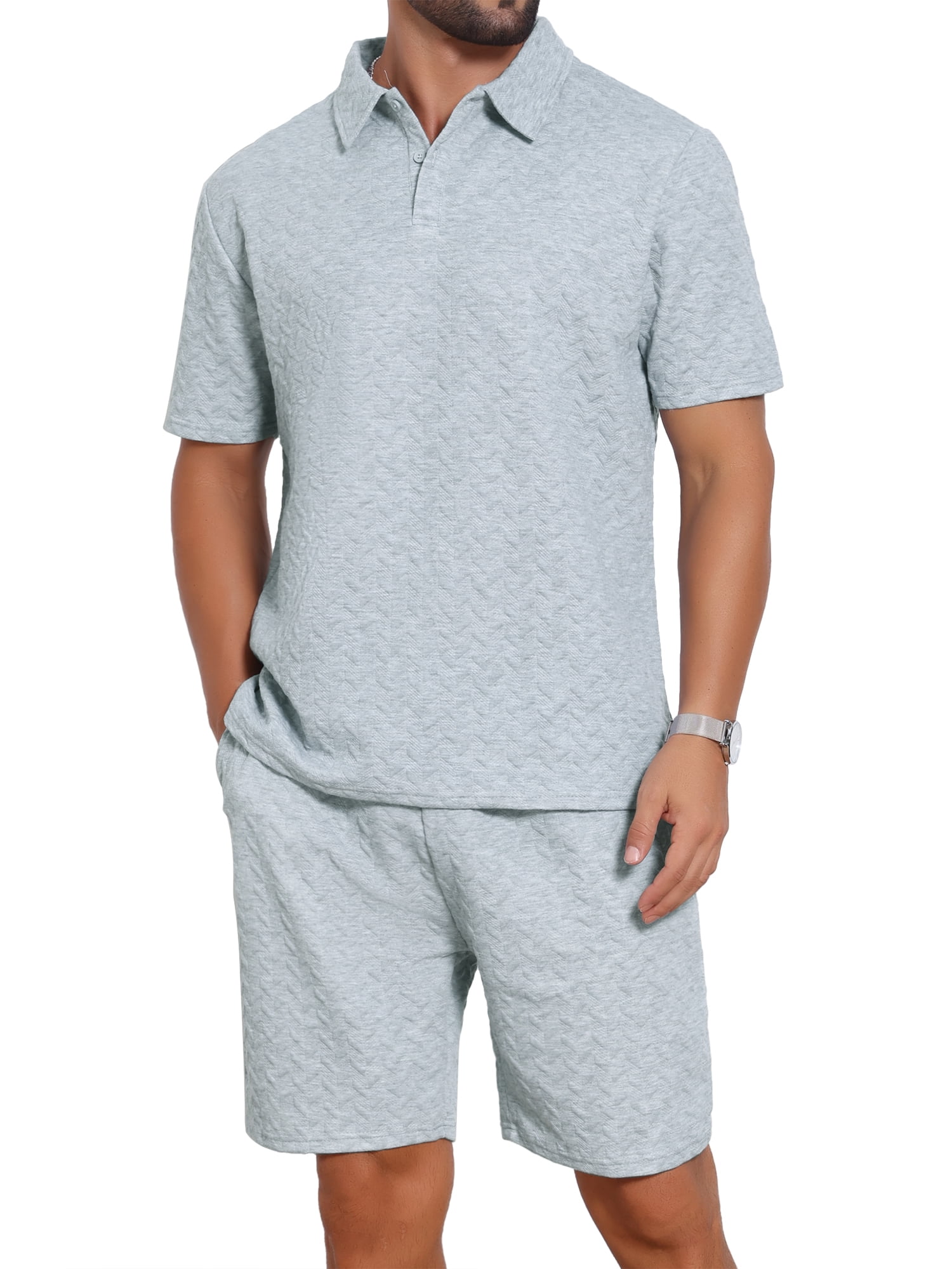 DARING DIVA Men's 2 Pieces Jacquard Polo Shirt & Drawstring Shorts Outfits L Gray
