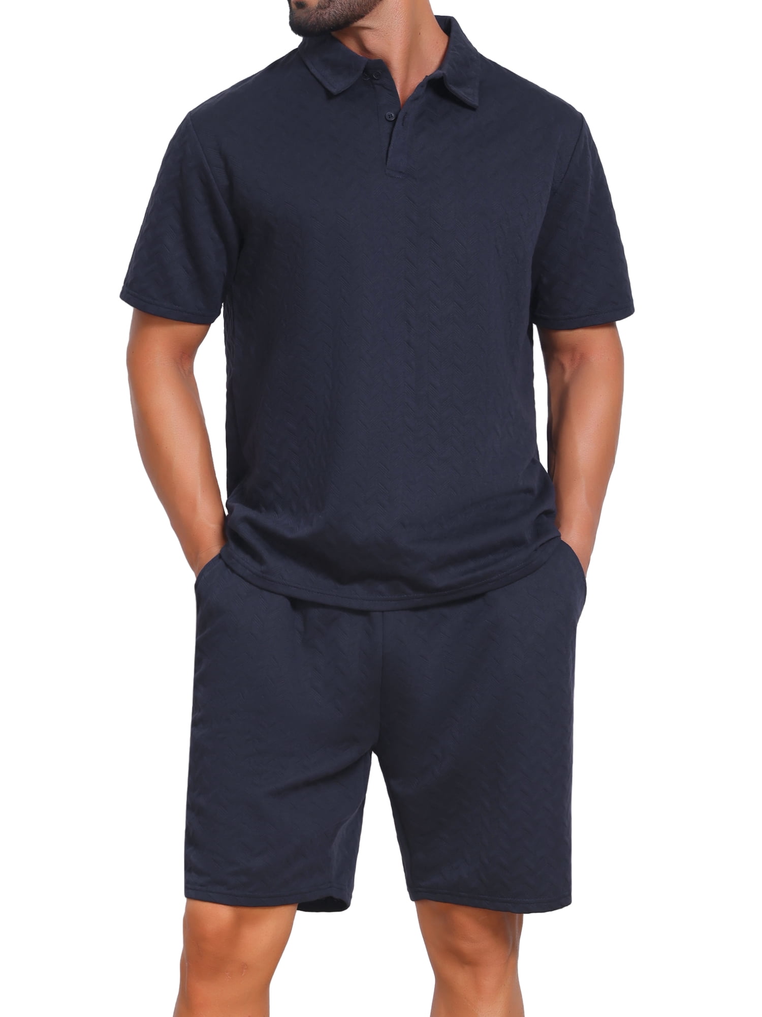 DARING DIVA Men's 2 Pieces Jacquard Polo Shirt & Drawstring Shorts Outfits S Navy Blue