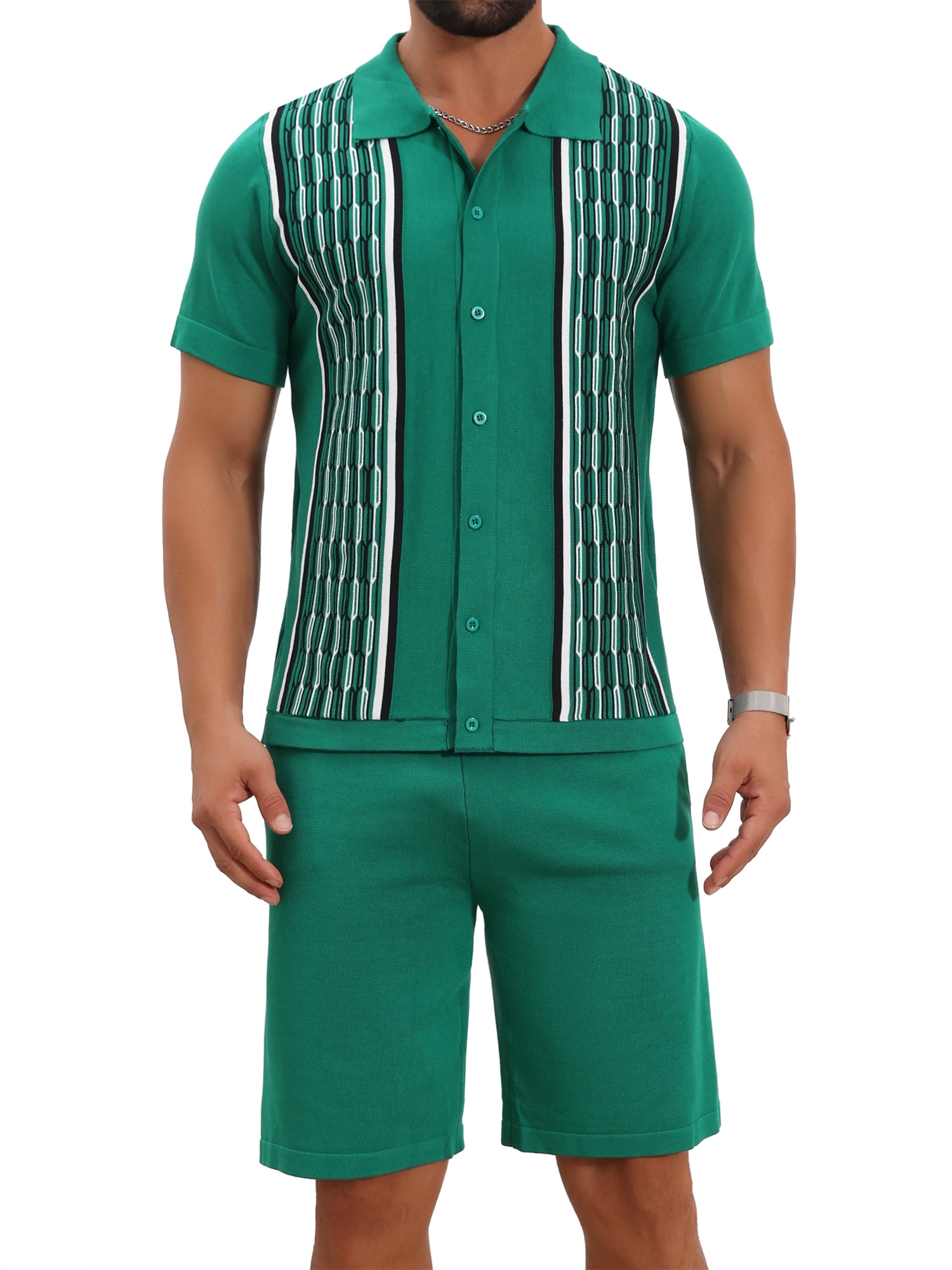 DARING DIVA Men's 2 Pieces Sets Summer Polo Shirt & Shorts Printed Knit Outfits 2XL Green