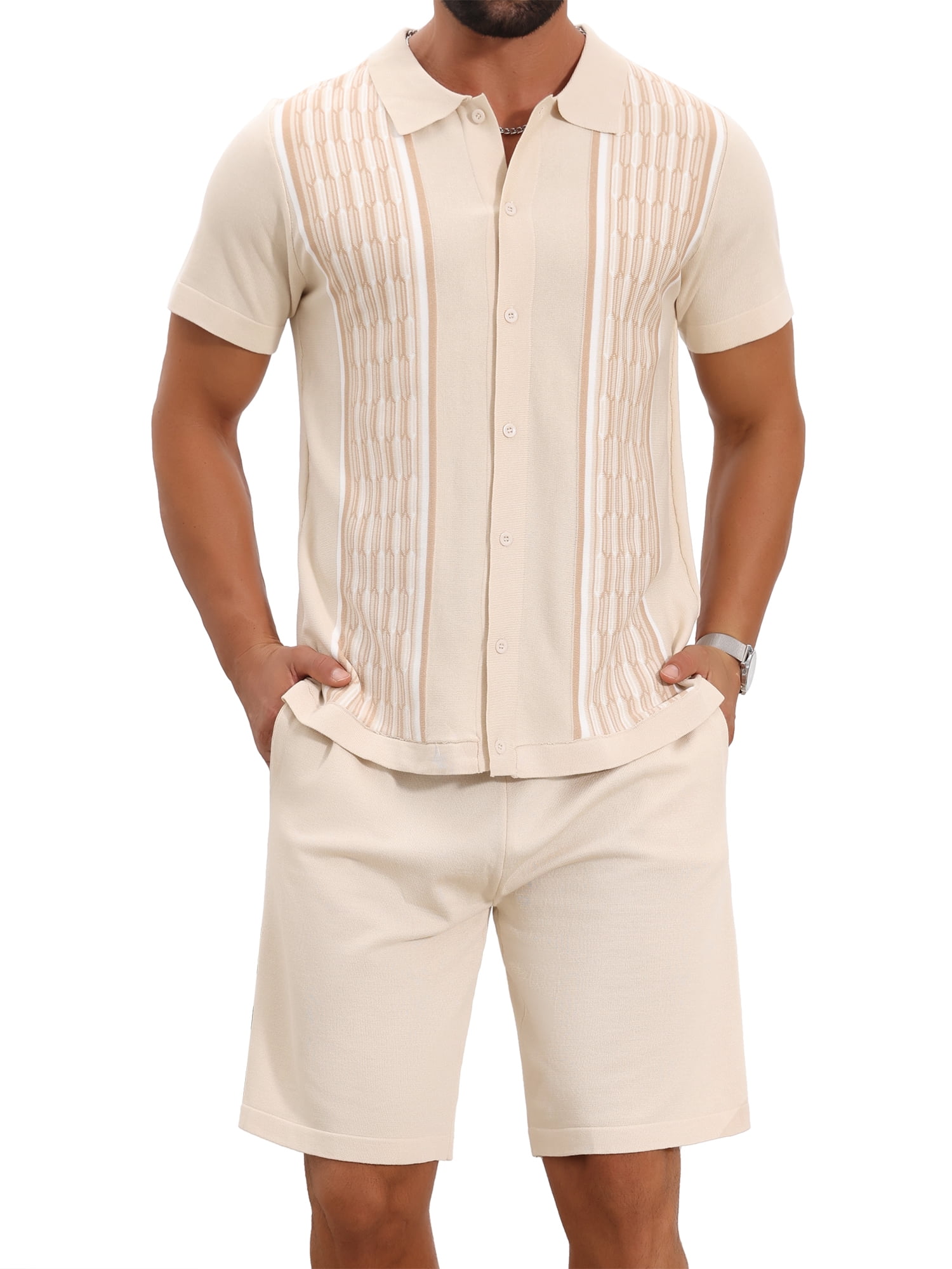 DARING DIVA Men's 2 Pieces Sets Summer Polo Shirt & Shorts Printed Knit Outfits L Beige
