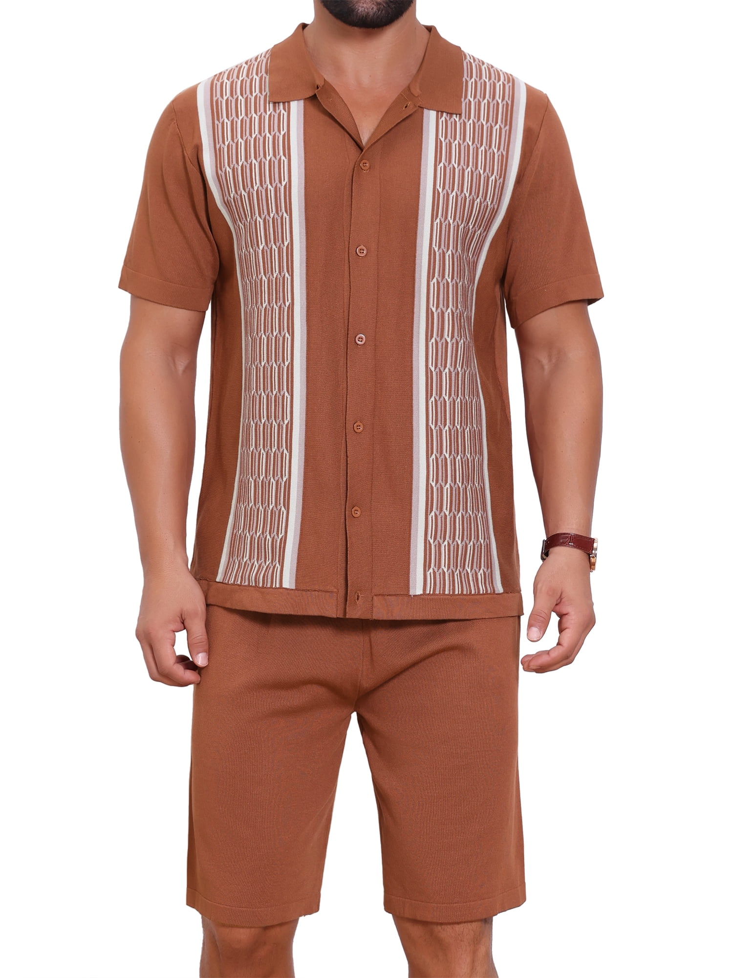 DARING DIVA Men's 2 Pieces Sets Summer Polo Shirt & Shorts Printed Knit Outfits M Brown