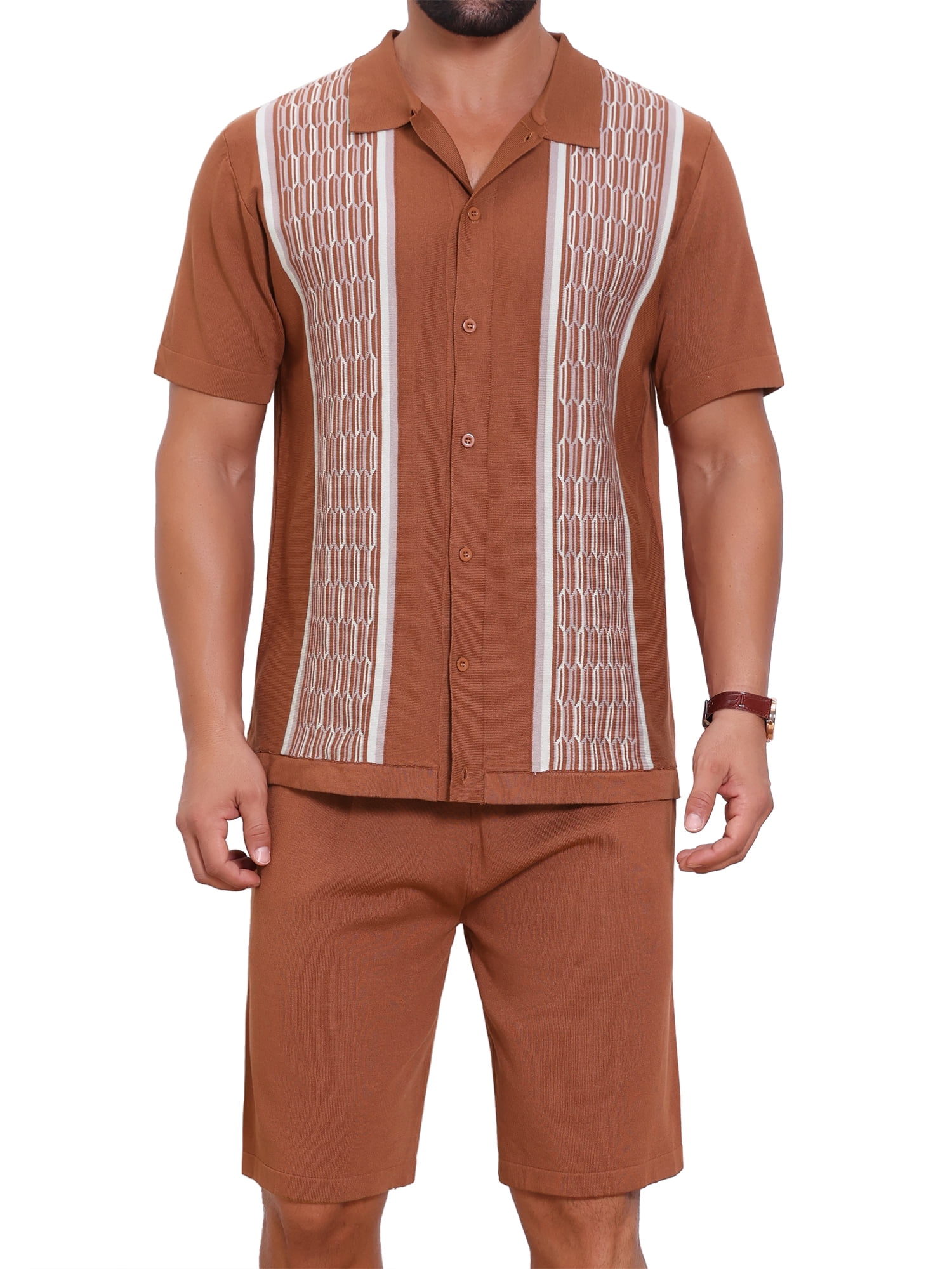 DARING DIVA Men's 2 Pieces Sets Summer Polo Shirt & Shorts Printed Knit Outfits S Brown