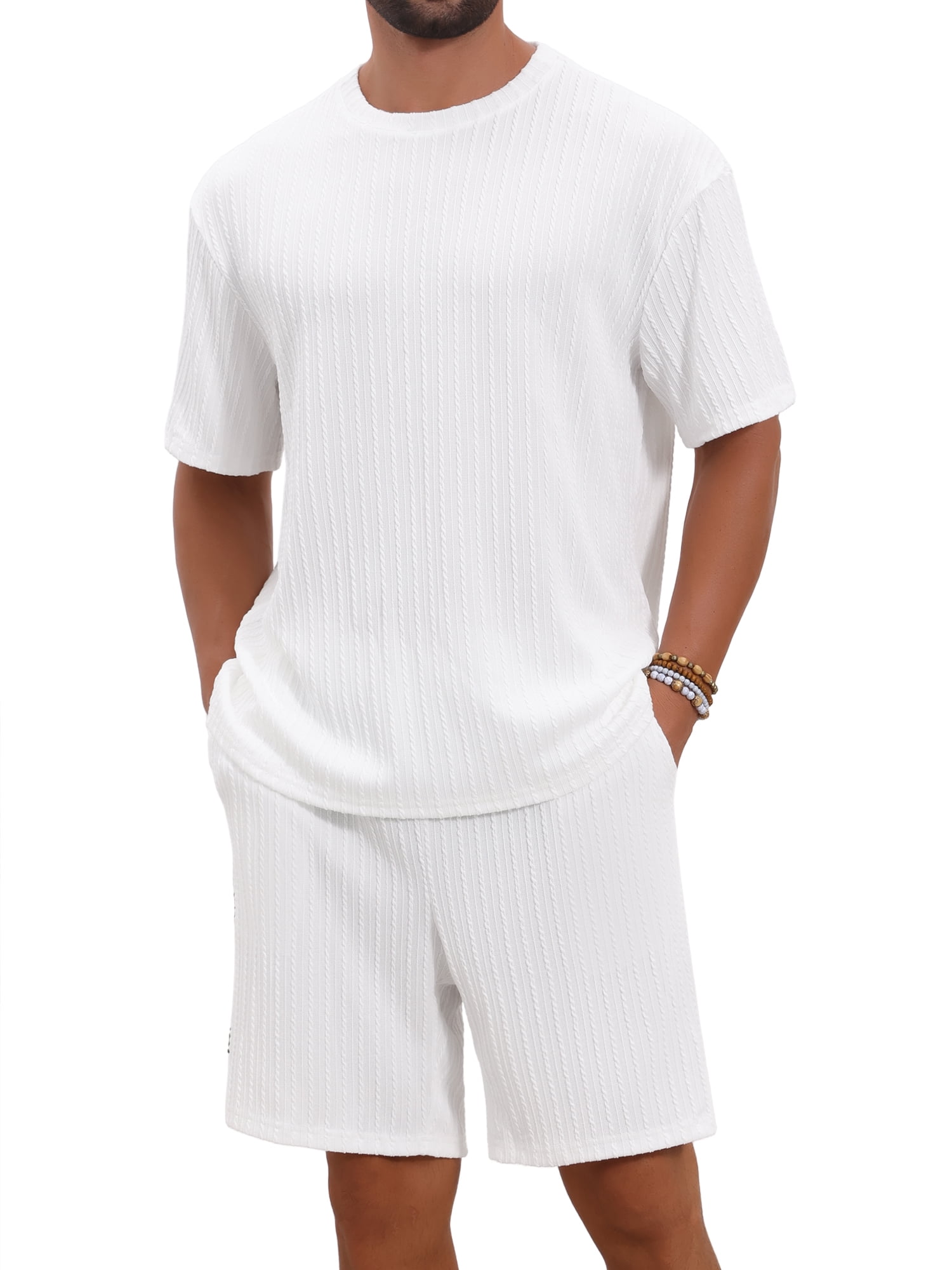 DARING DIVA Men's 2 Pieces Texture Crew Neck Shirt Top and Shorts Outfits 2XL White