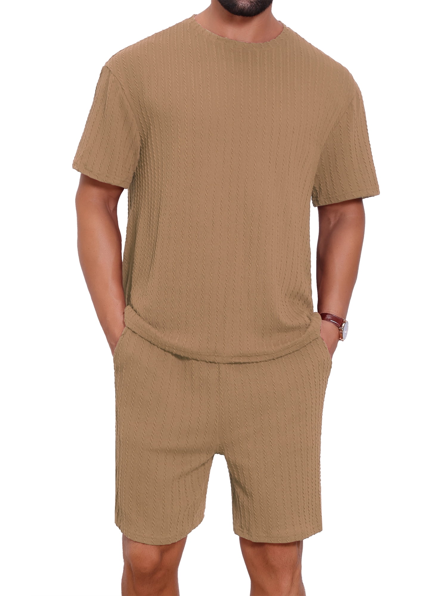 DARING DIVA Men's 2 Pieces Texture Crew Neck Shirt Top and Shorts Outfits XL Brown