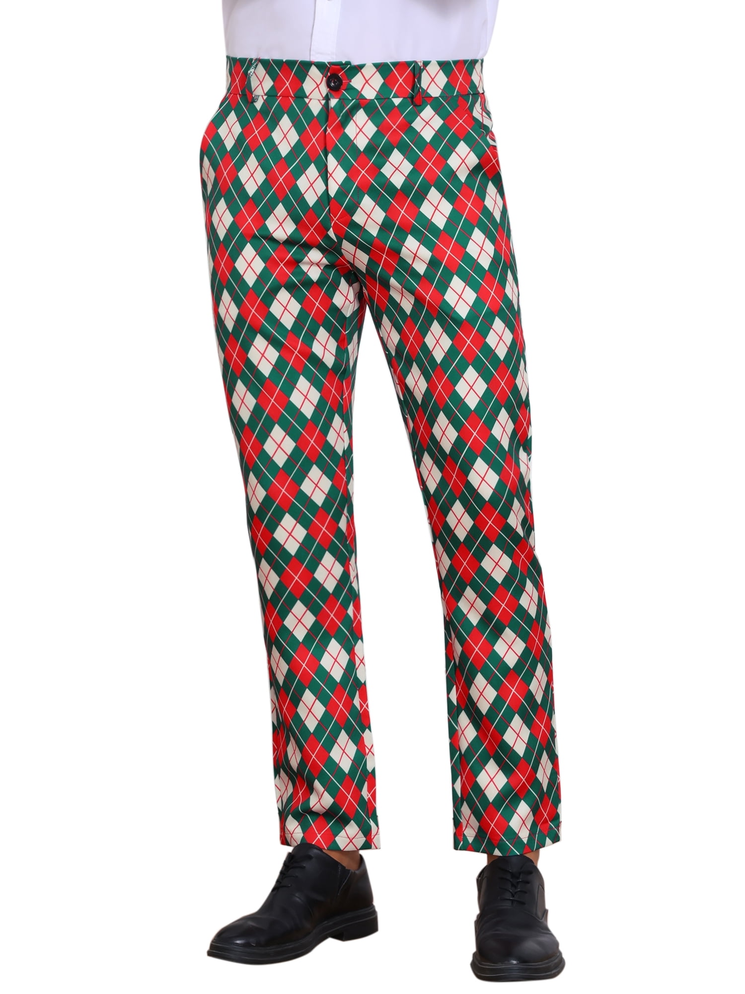 DARING DIVA Men's Argyle Pattern Flat Front Retro Plaid Printed Golf Pants 36 Green Red