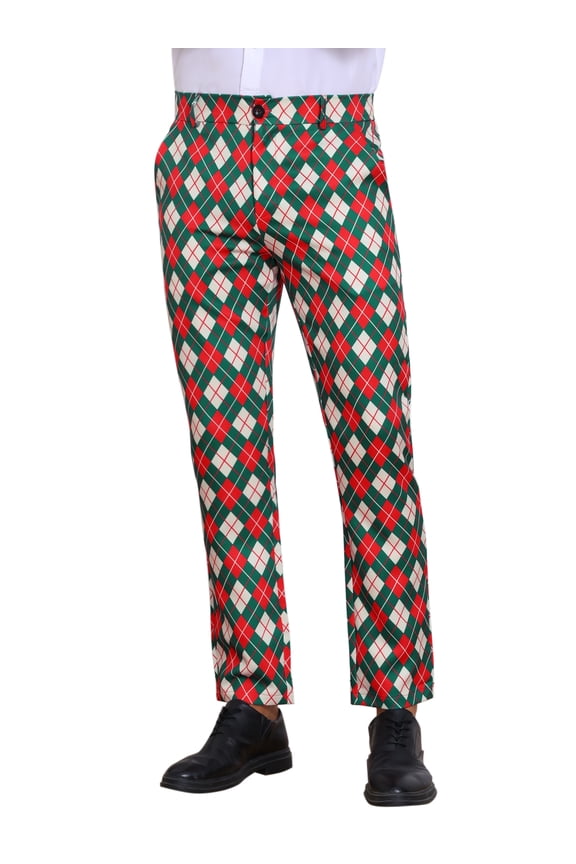 Men's Argyle Pattern Flat Front Retro Plaid Printed Golf Pants 36 Green Red