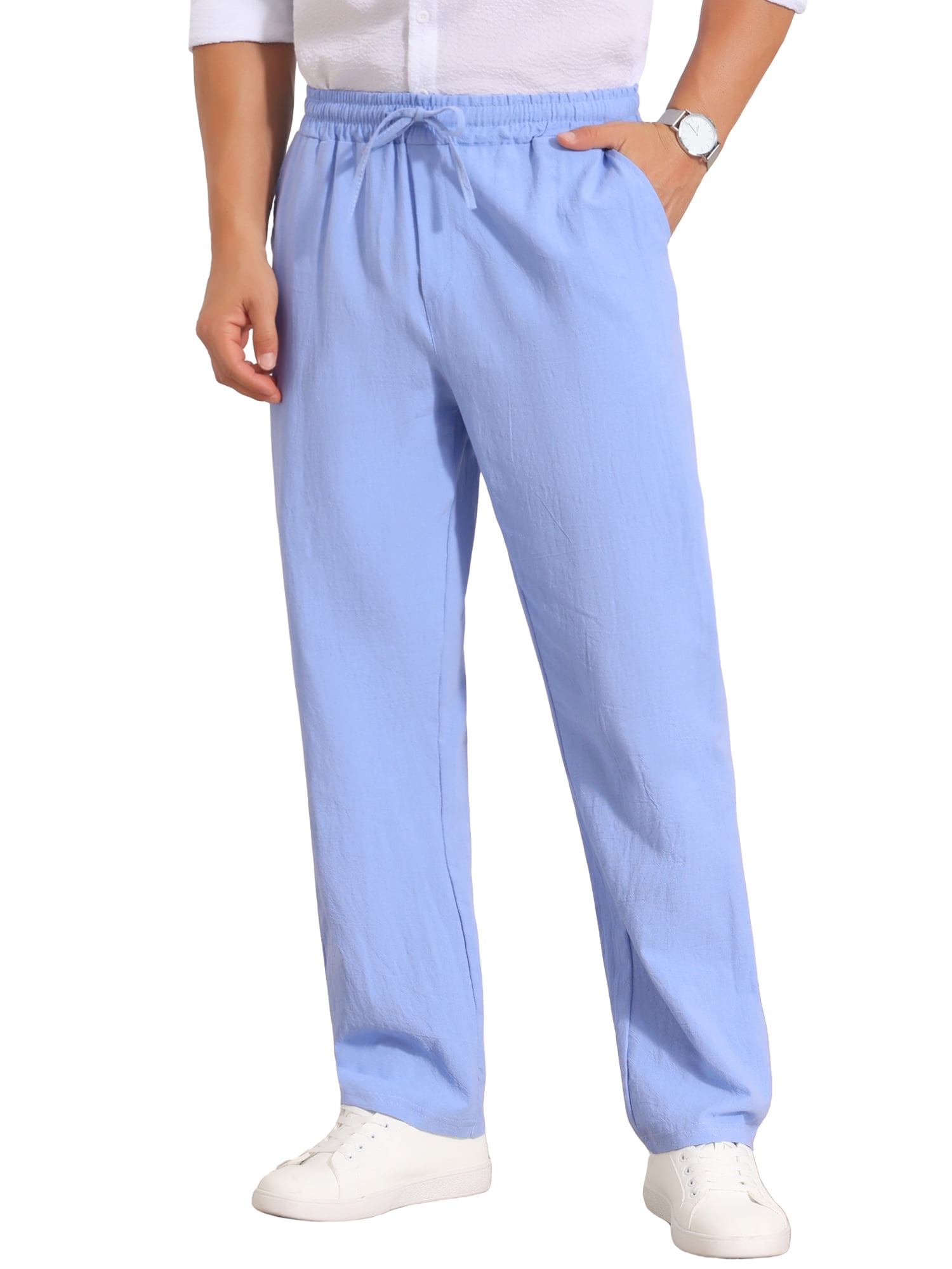DARING DIVA Men's Beach Pants Drawstring Waist Breathable Summer Linen Pants 30 Light Blue