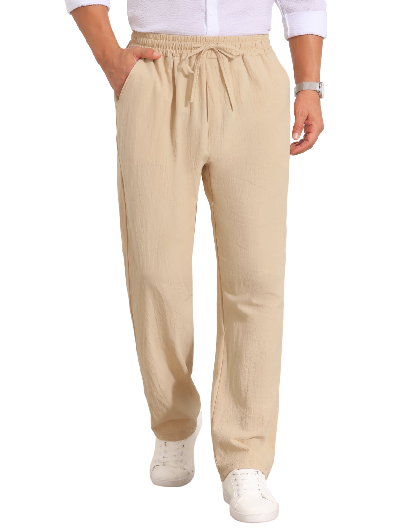 DARING DIVA Men's Beach Pants Drawstring Waist Breathable Summer Linen Pants 32 Khaki