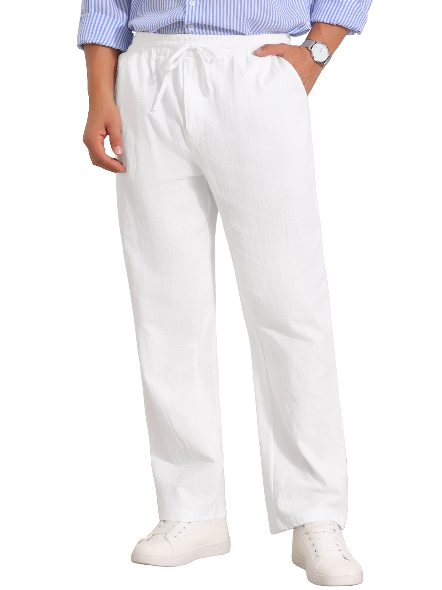 DARING DIVA Men's Beach Pants Drawstring Waist Breathable Summer Linen Pants 32 White