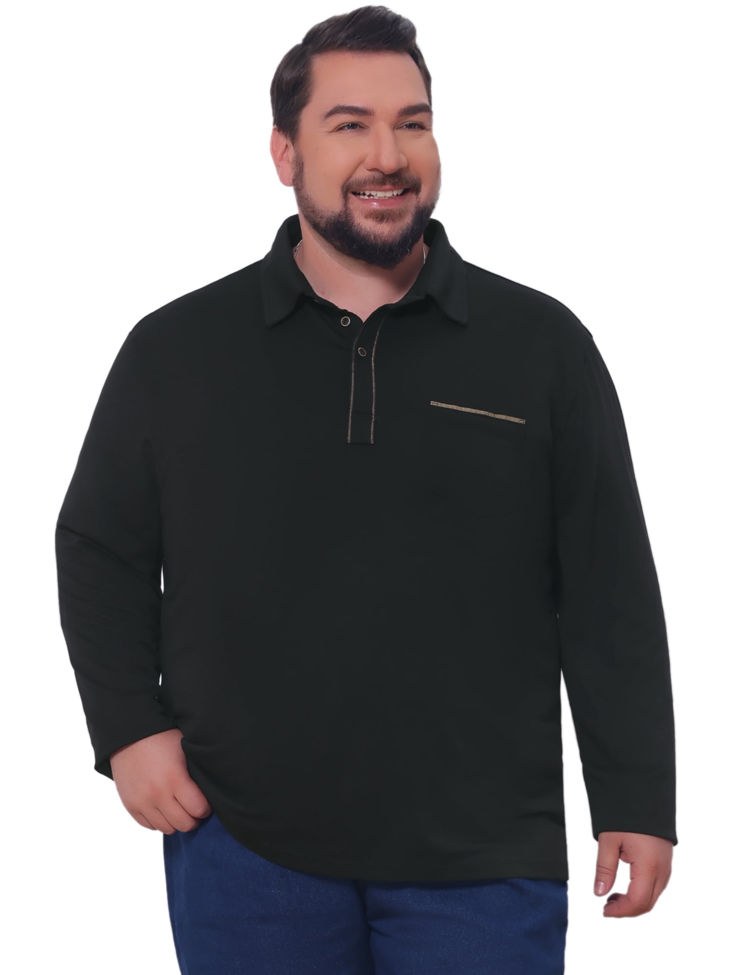 DARING DIVA Men's Big Tall Chest Pocket Long Sleeve Business Polo Shirt 2XL Black