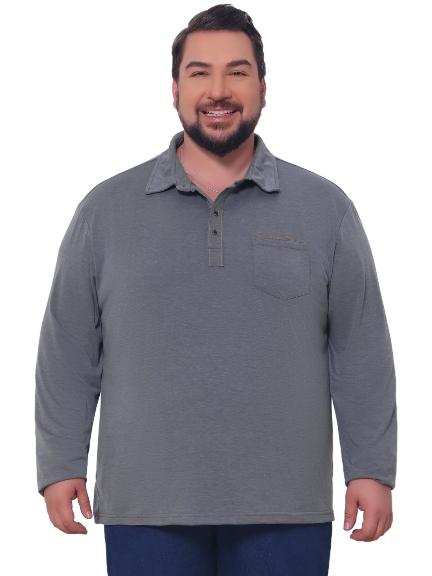 DARING DIVA Men's Big Tall Chest Pocket Long Sleeve Business Polo Shirt 2XL Gray