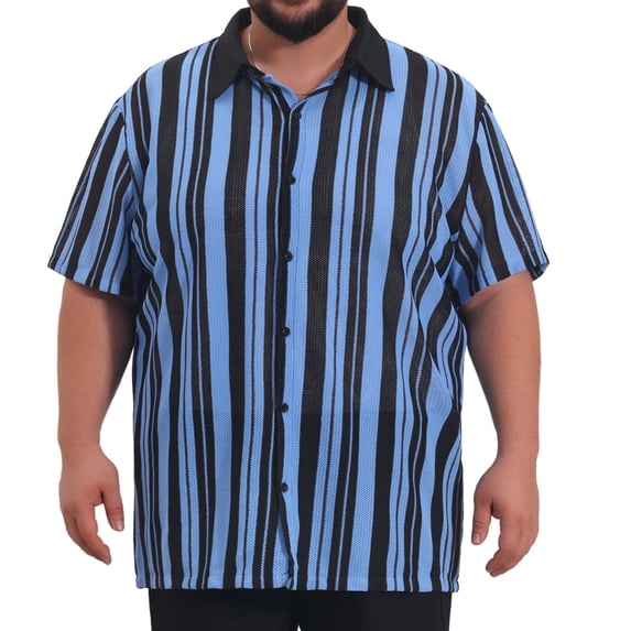 DARING DIVA Men's Big Tall Colorblock Striped Short Sleeve Button-Down Shirt 2XL Blue