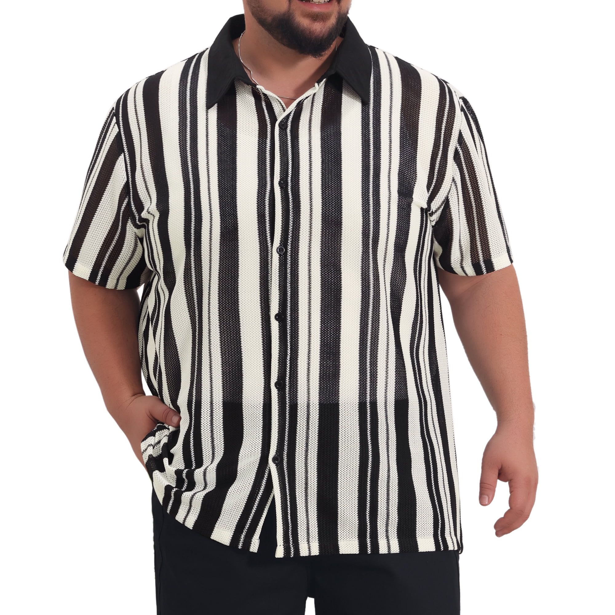 DARING DIVA Men's Big Tall Colorblock Striped Short Sleeve Button-Down Shirt XL Black