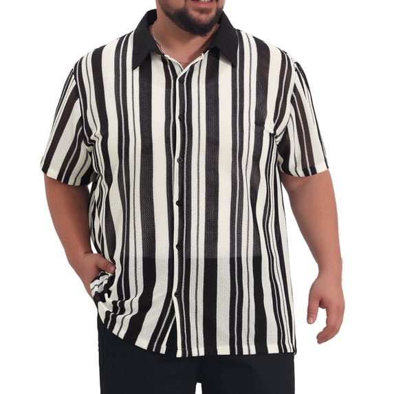 DARING DIVA Men's Big Tall Colorblock Striped Short Sleeve Button-Down Shirt XL Black