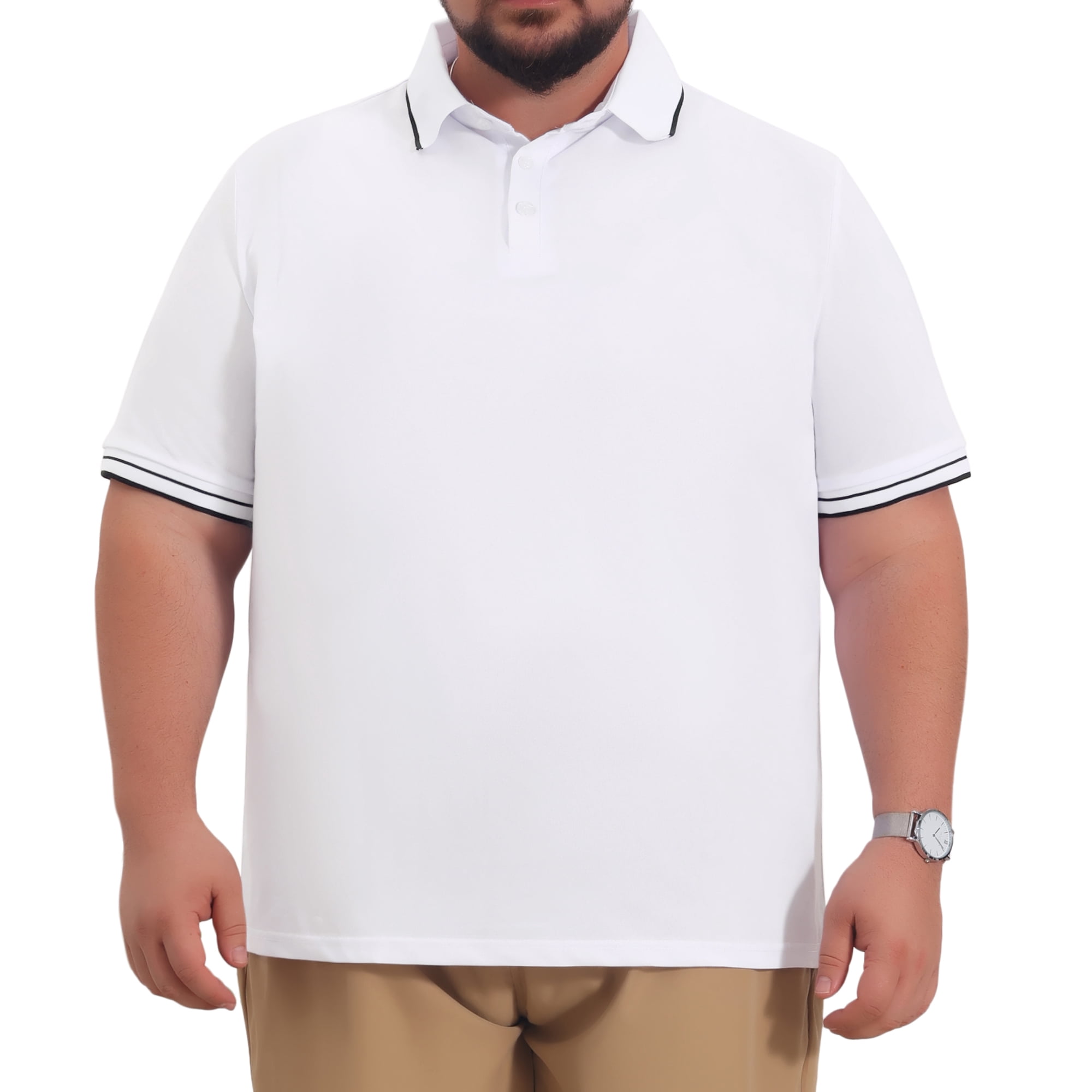 DARING DIVA Men's Big Tall Contrast Trim Short Sleeve Work Office Golf Shirts 5XL White