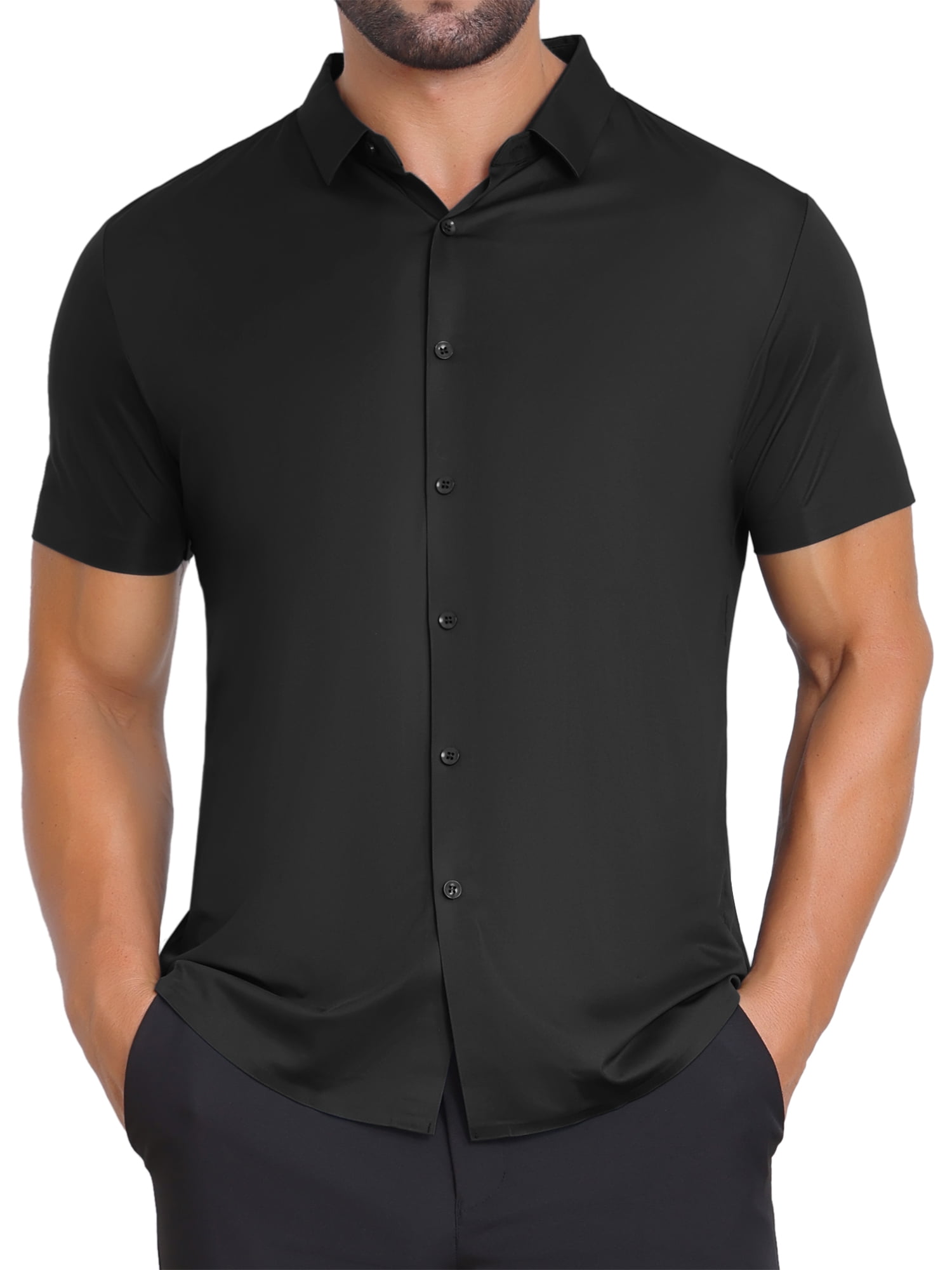 DARING DIVA Men's Button Down Point Collar Short Sleeve Business Dress Shirt 2XL Black