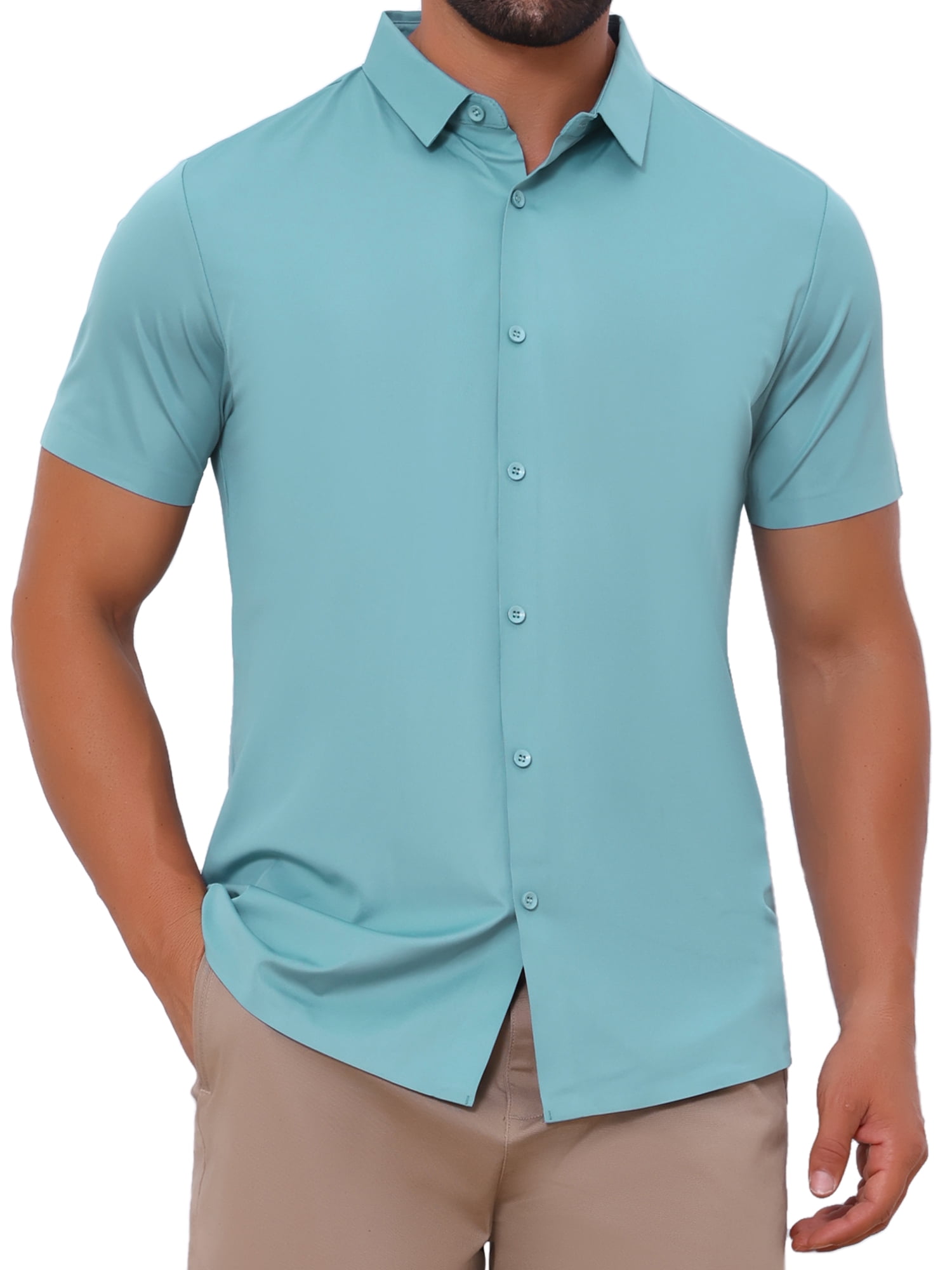 DARING DIVA Men's Button Down Point Collar Short Sleeve Business Dress Shirt L Blue