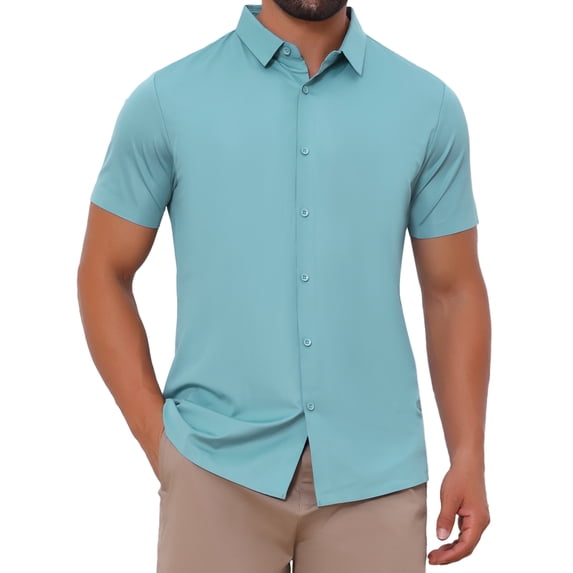DARING DIVA Men's Button Down Point Collar Short Sleeve Business Dress Shirt M Blue